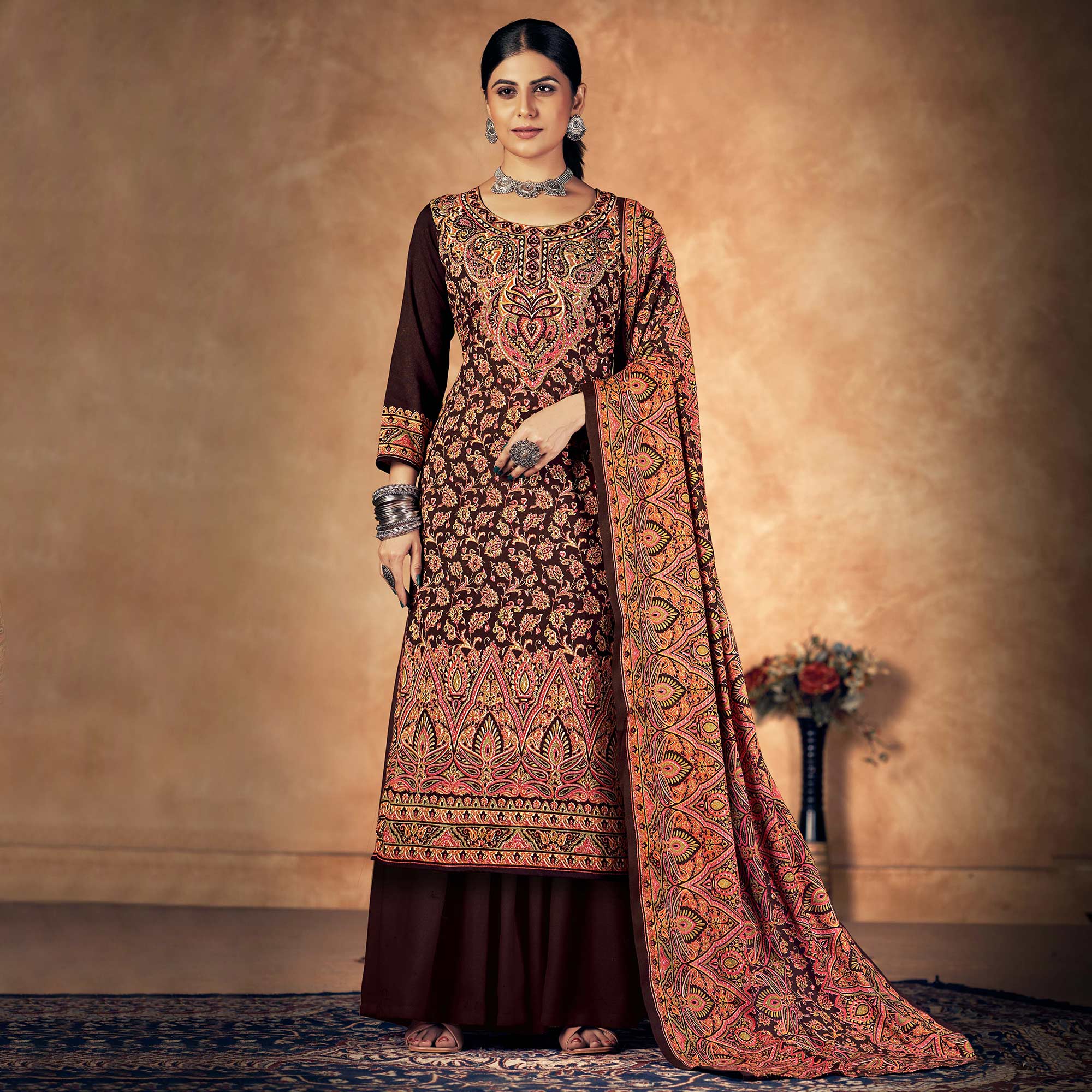 Brown Floral Printed Pashmina Woolen Suit