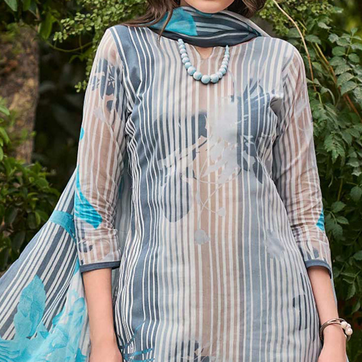 Grey Floral Printed Pure Cotton Dress Material