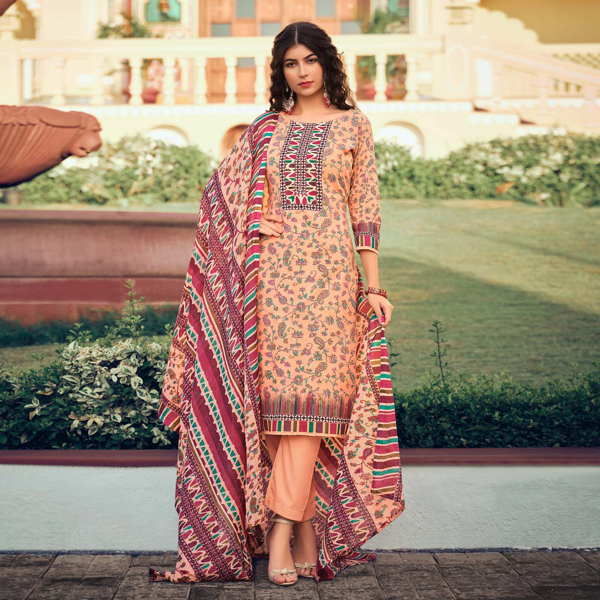 Peach Floral Printed Pure Cotton Suit