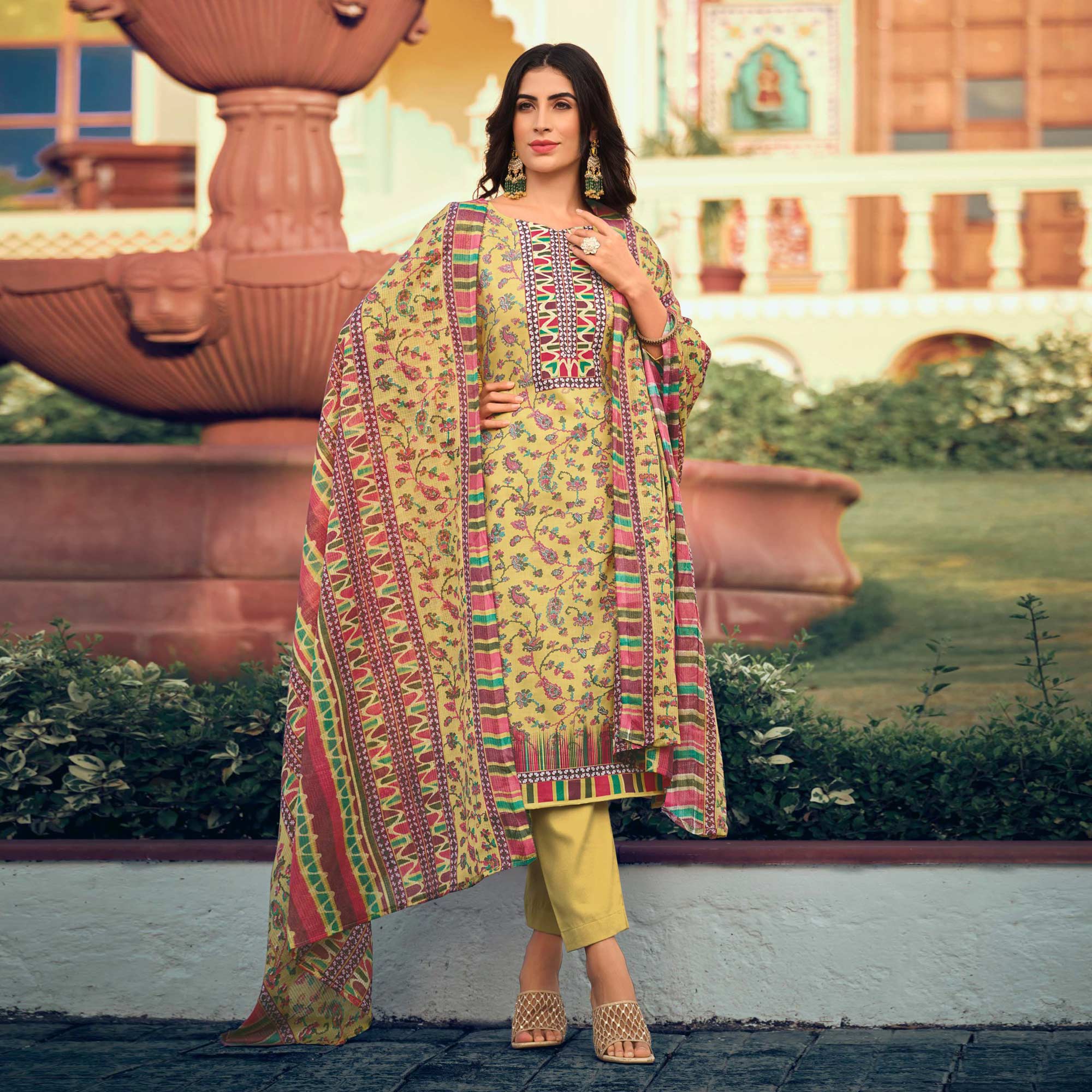 Yellow Floral Printed Pure Cotton Suit