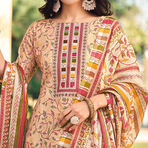 Beige Floral Printed Pure Cotton Suit