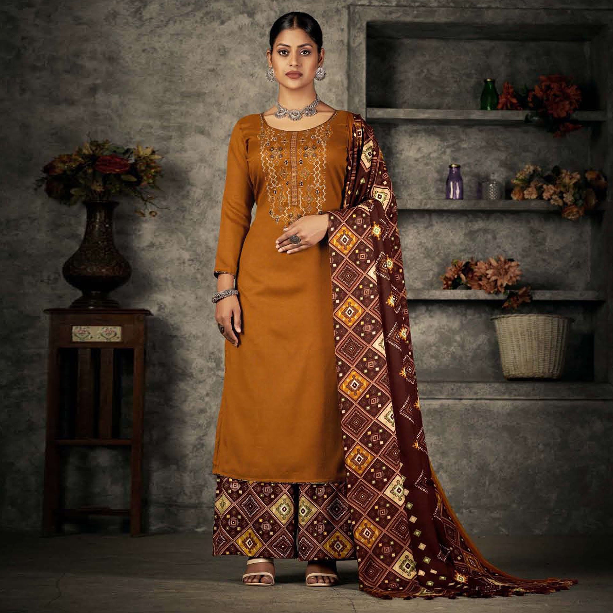 Mustard Floral Embroidered With Printed Pashmina Salwar Suit