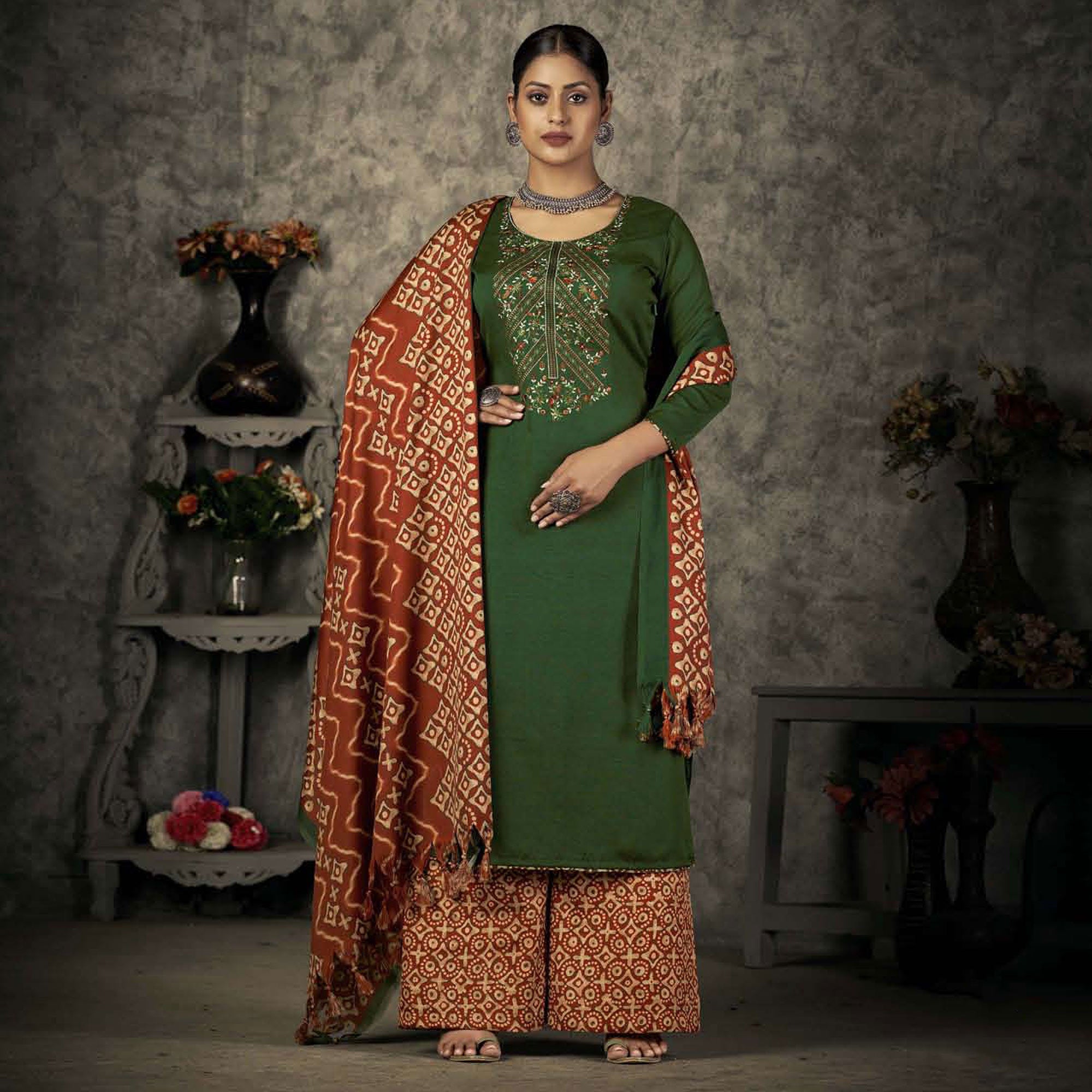 Green Floral Embroidered With Printed Pashmina Salwar Suit