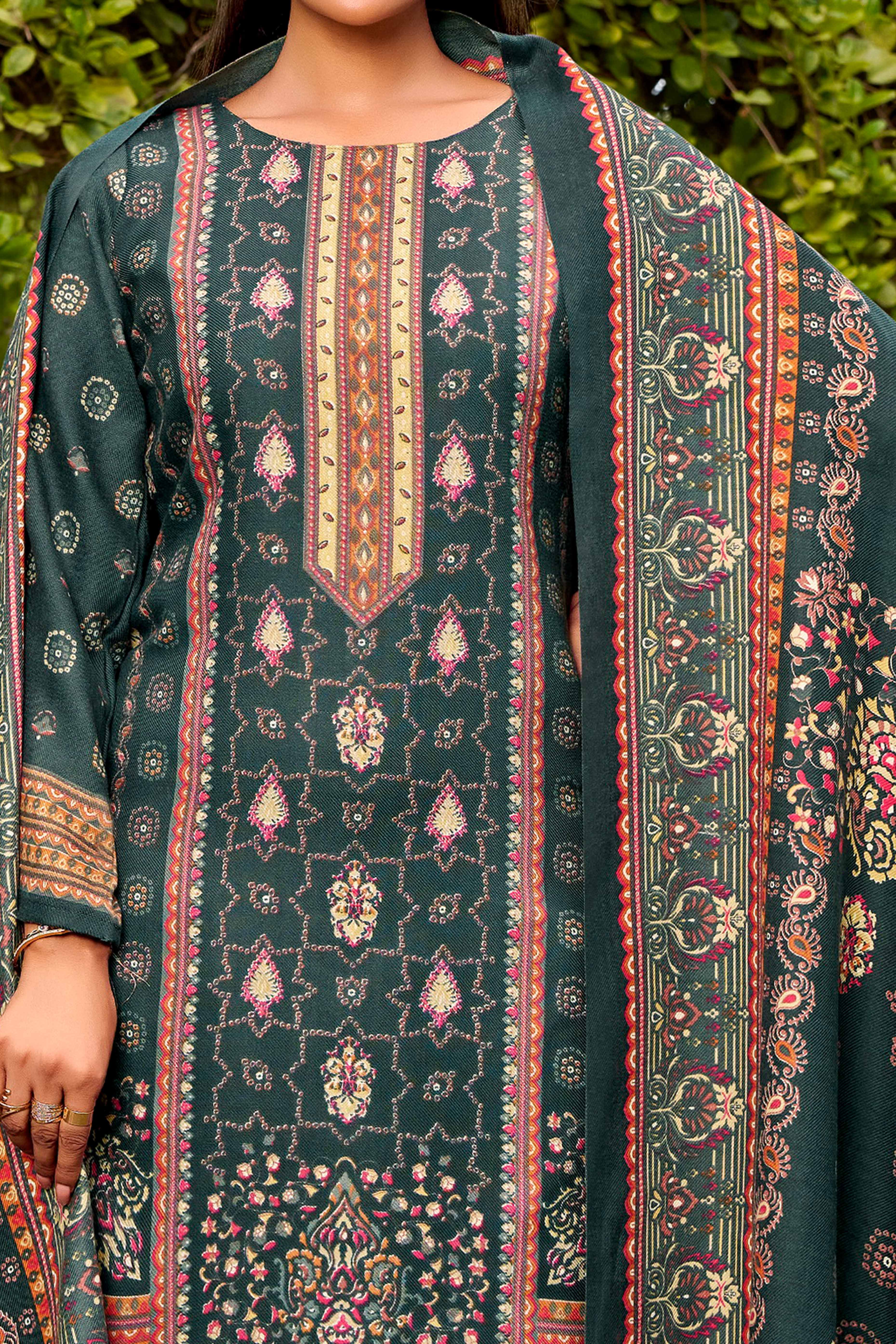 Elegant Teal Green Floral Printed Pure Pashmina Dress Material for Winter Wear