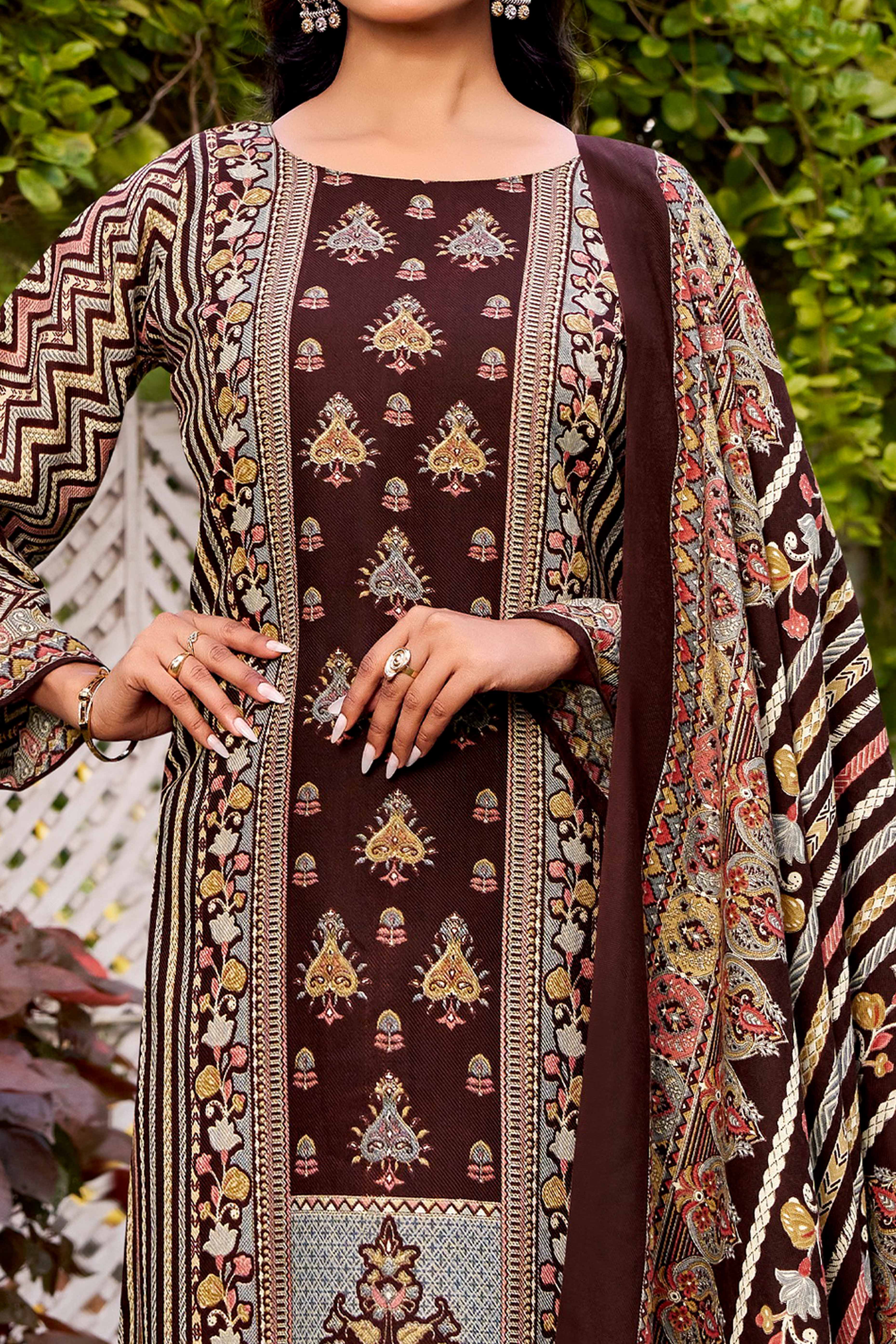 Elegant Coffee Brown Floral Printed Pure Pashmina Dress Material for Winter Wear