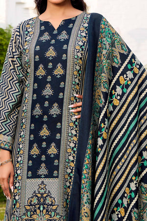 Elegant Navy Blue Floral Printed Pure Pashmina Dress Material for Winter Wear