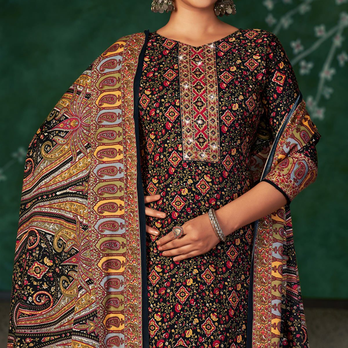 Black Floral Printed With Swarovski Work Pashmina Suit