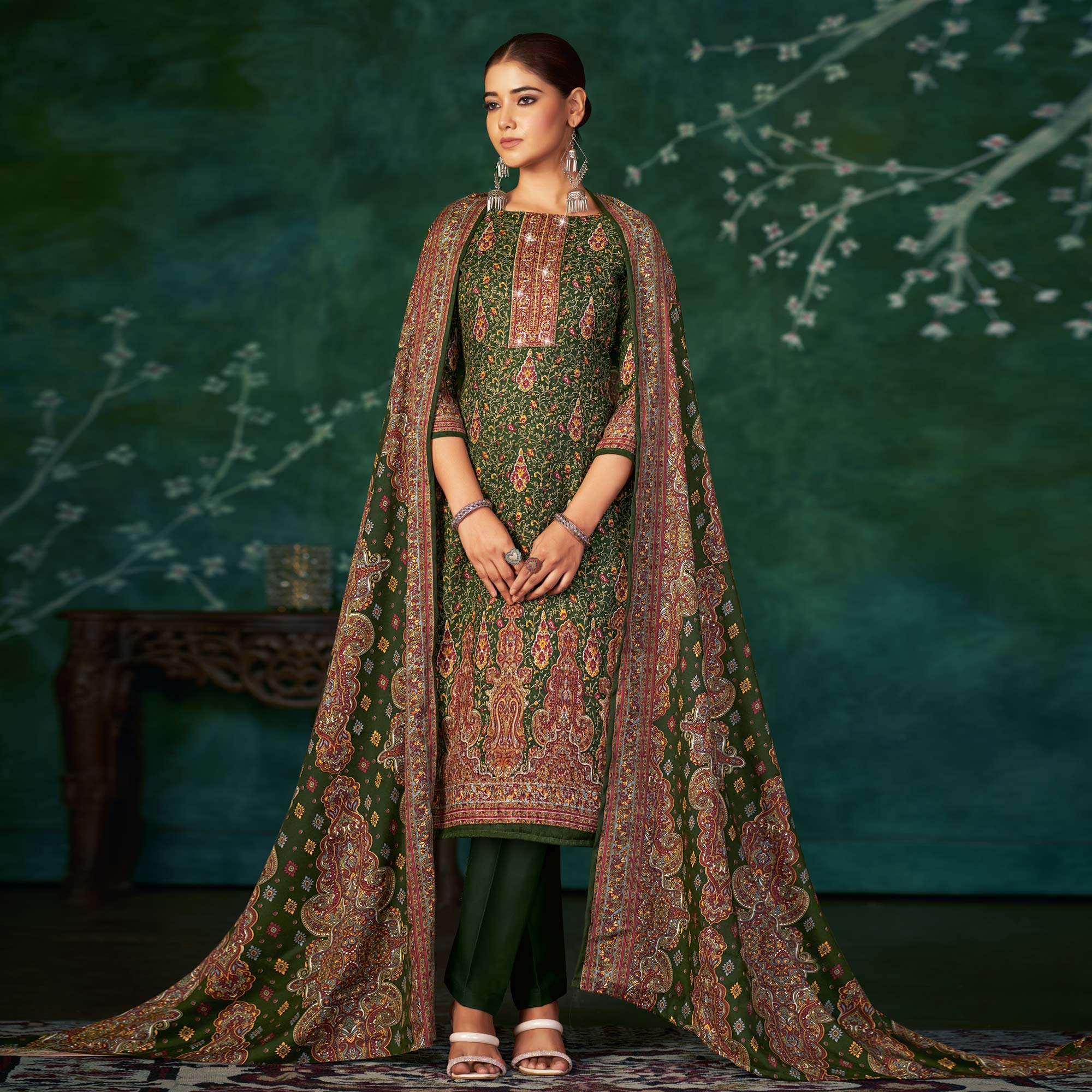 Green Floral Printed With Swarovski Work Pashmina Suit