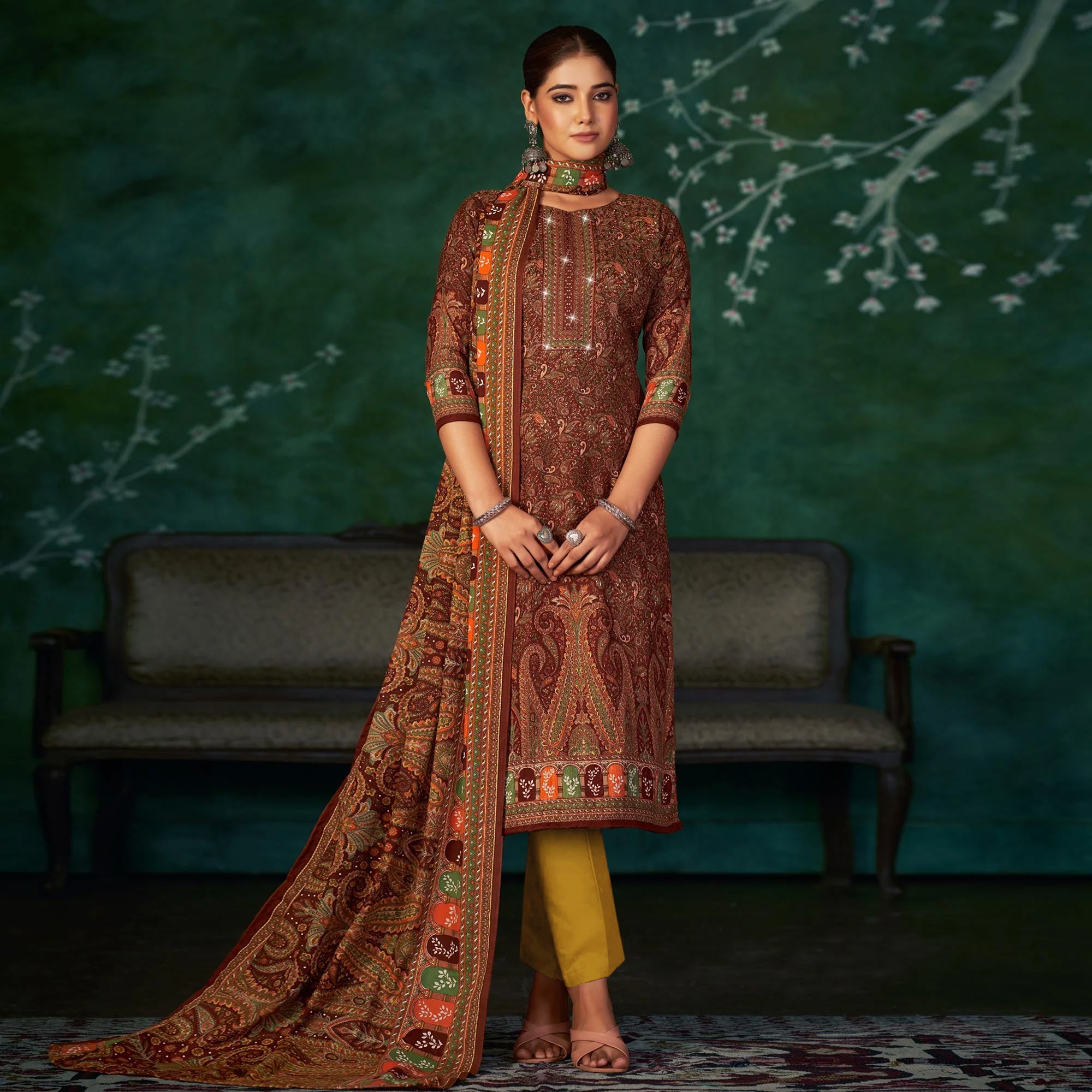 Brown Floral Printed With Swarovski Work Pashmina Suit