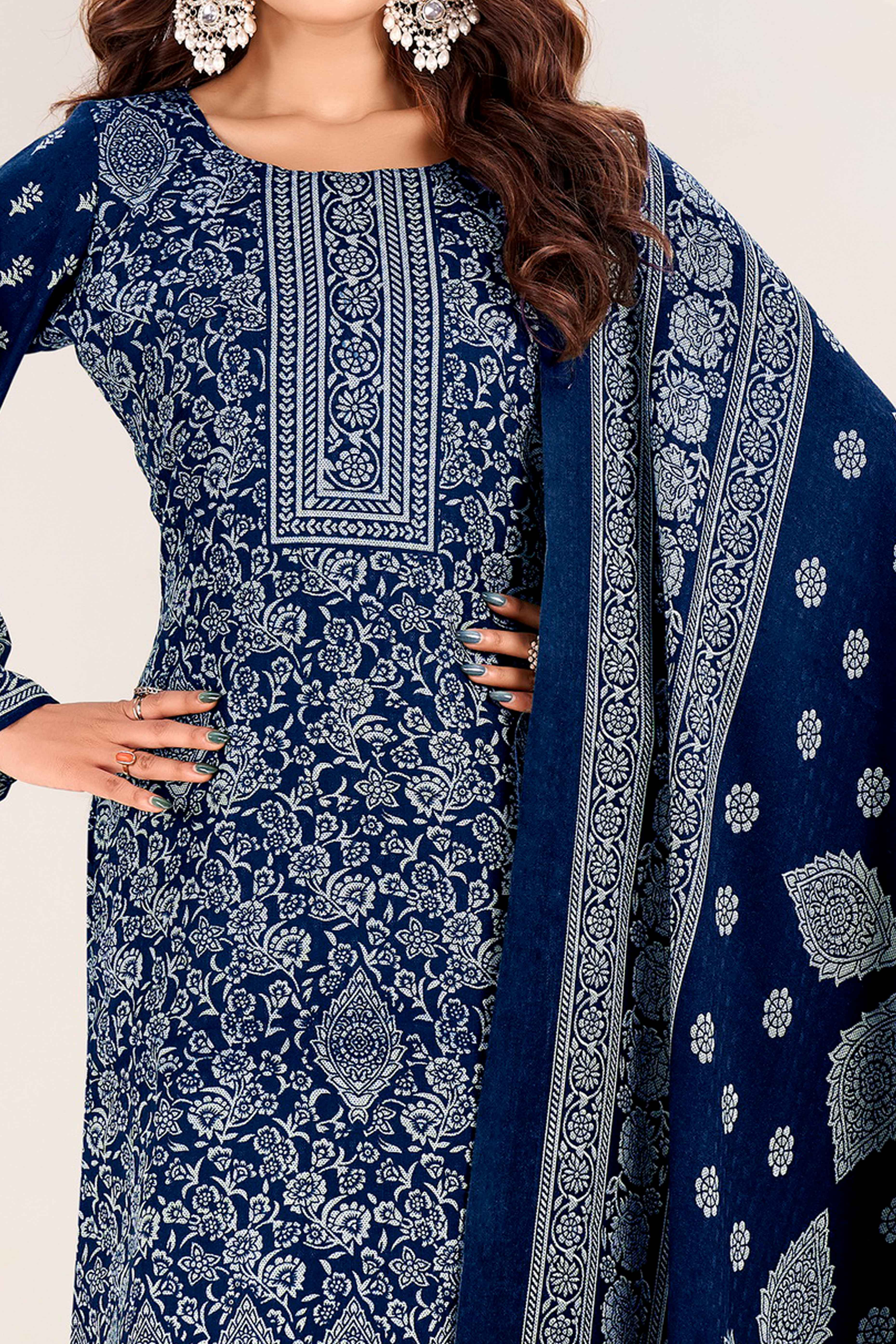 Blue Floral Printed Pure Pashmina Soft & Warm Dress Material for Winter