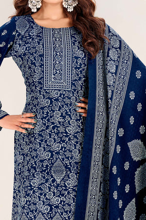 Blue Floral Printed Pure Pashmina Soft & Warm Dress Material for Winter