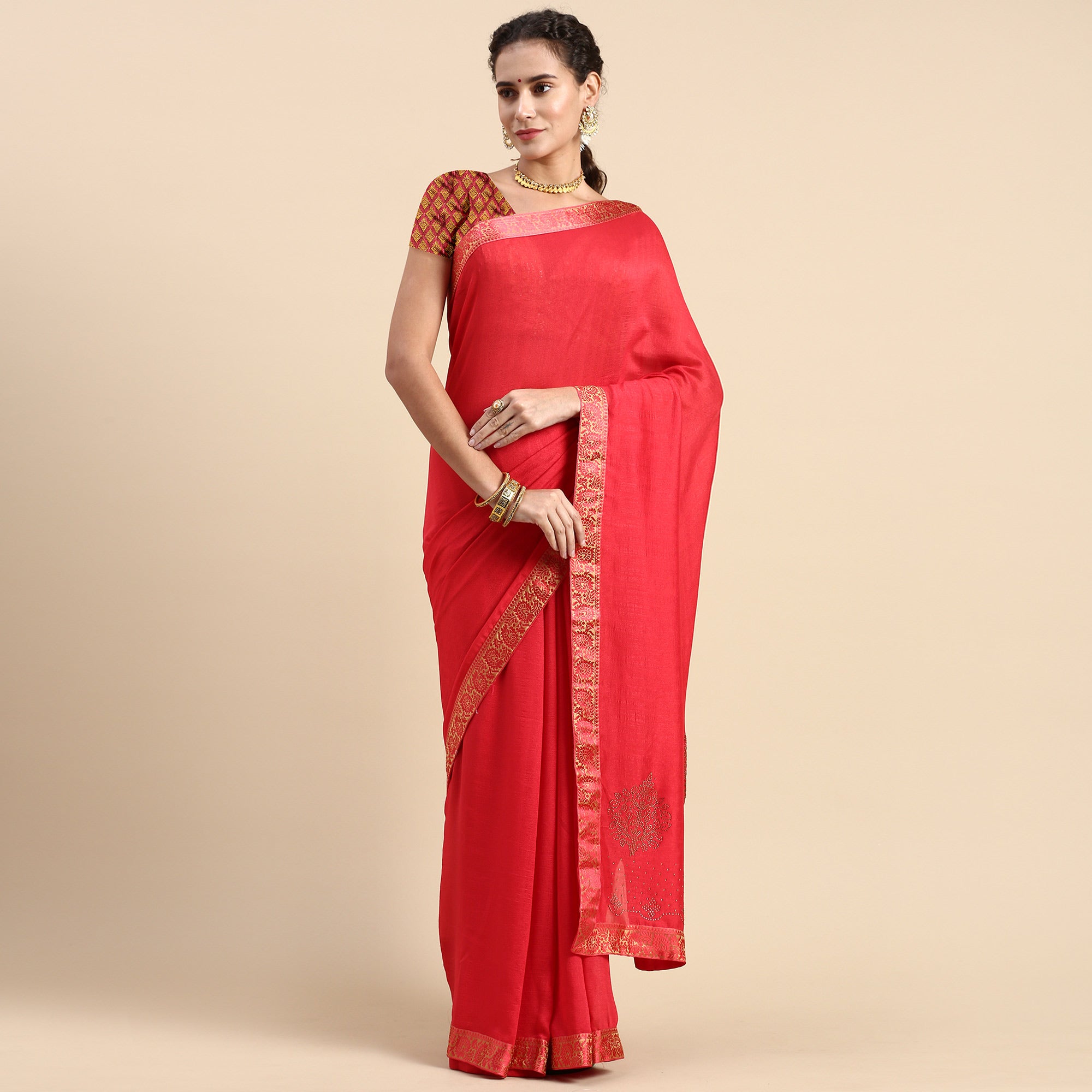 Pink Swaroski Work Vichitra Silk Saree