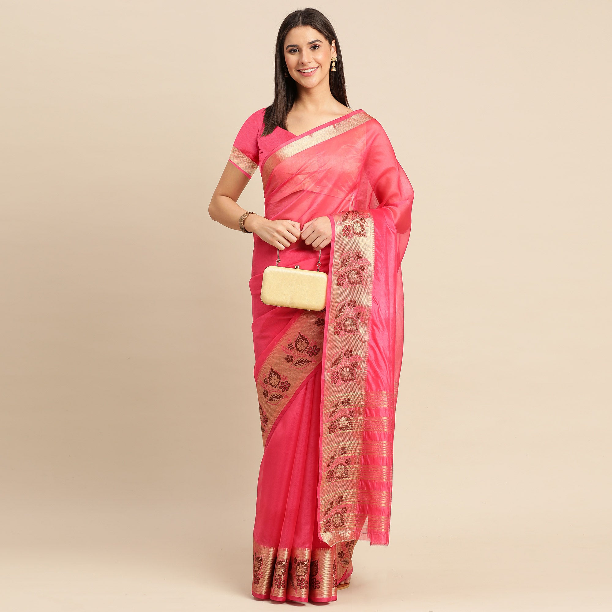 Rani Pink Woven Cotton Silk Saree