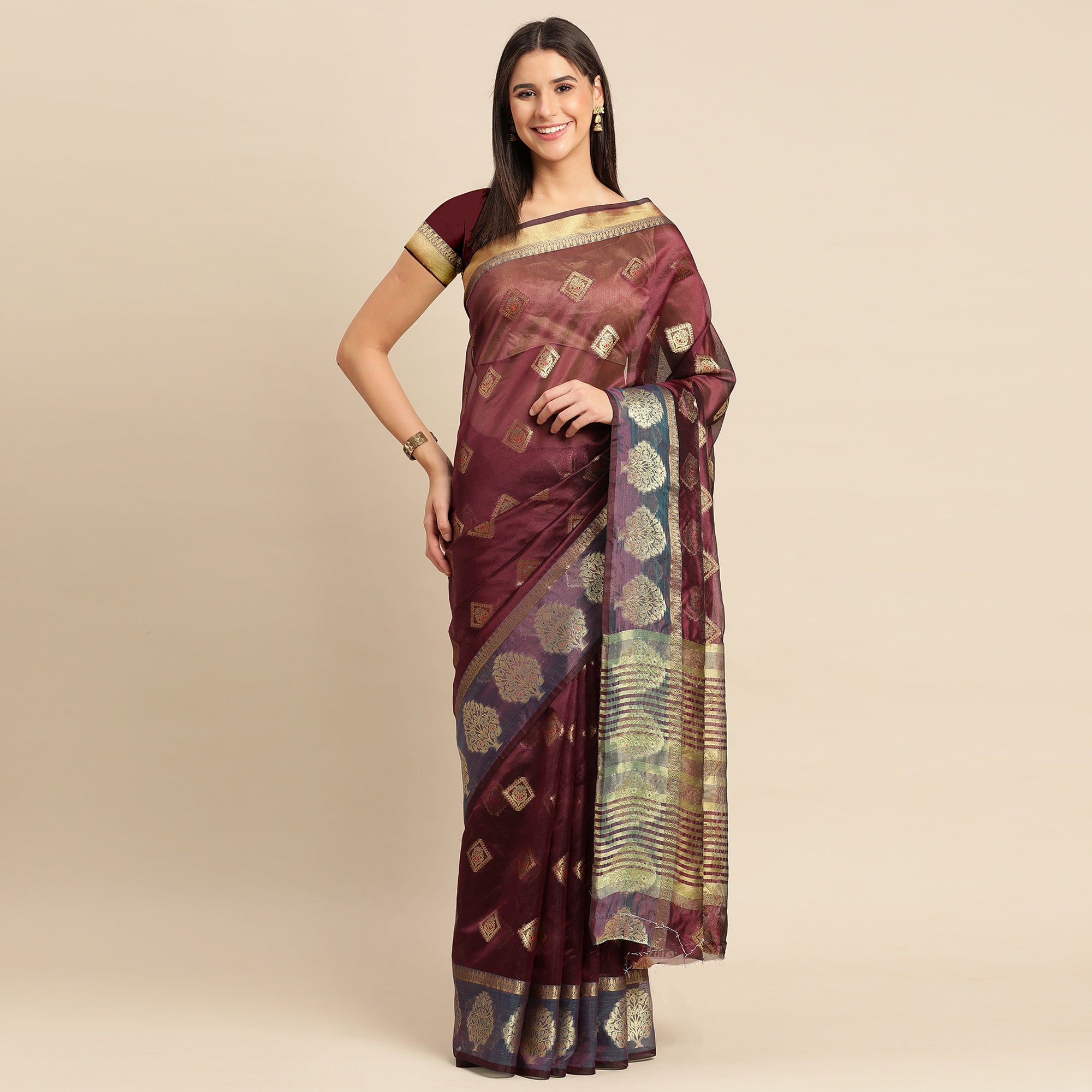 Wine Woven Organza Saree