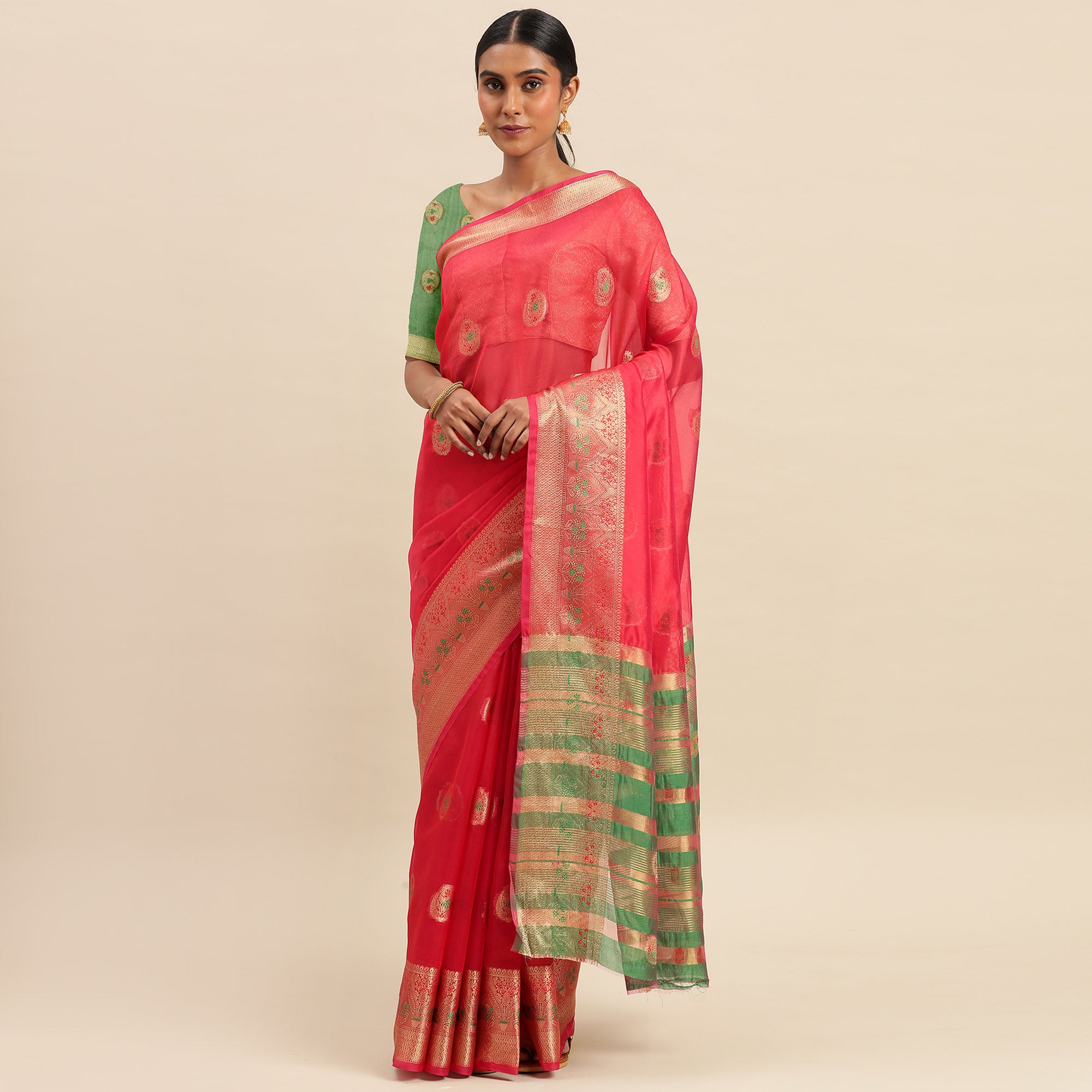 Rani Pink Woven Organza Saree