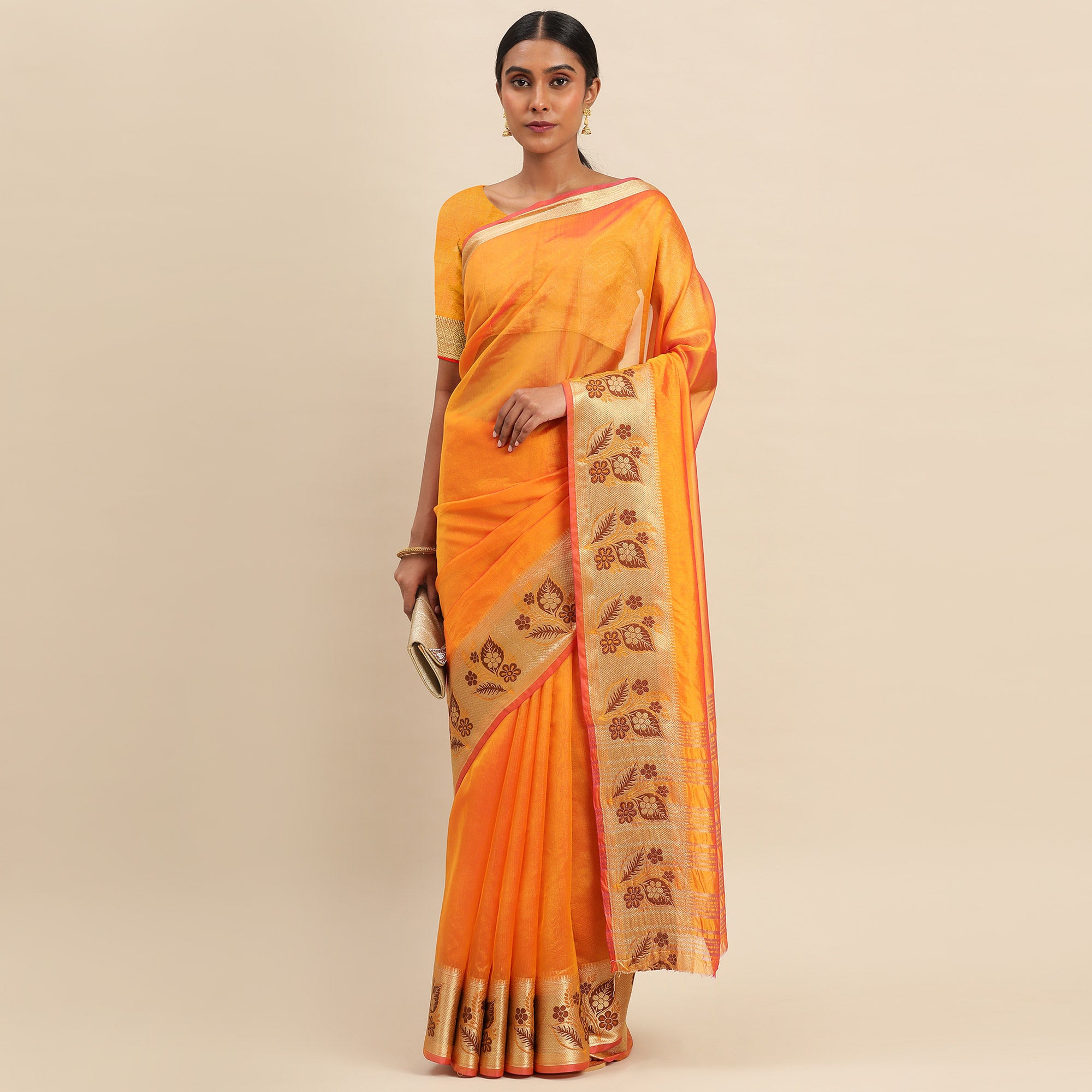 Orange Woven Cotton Silk Saree