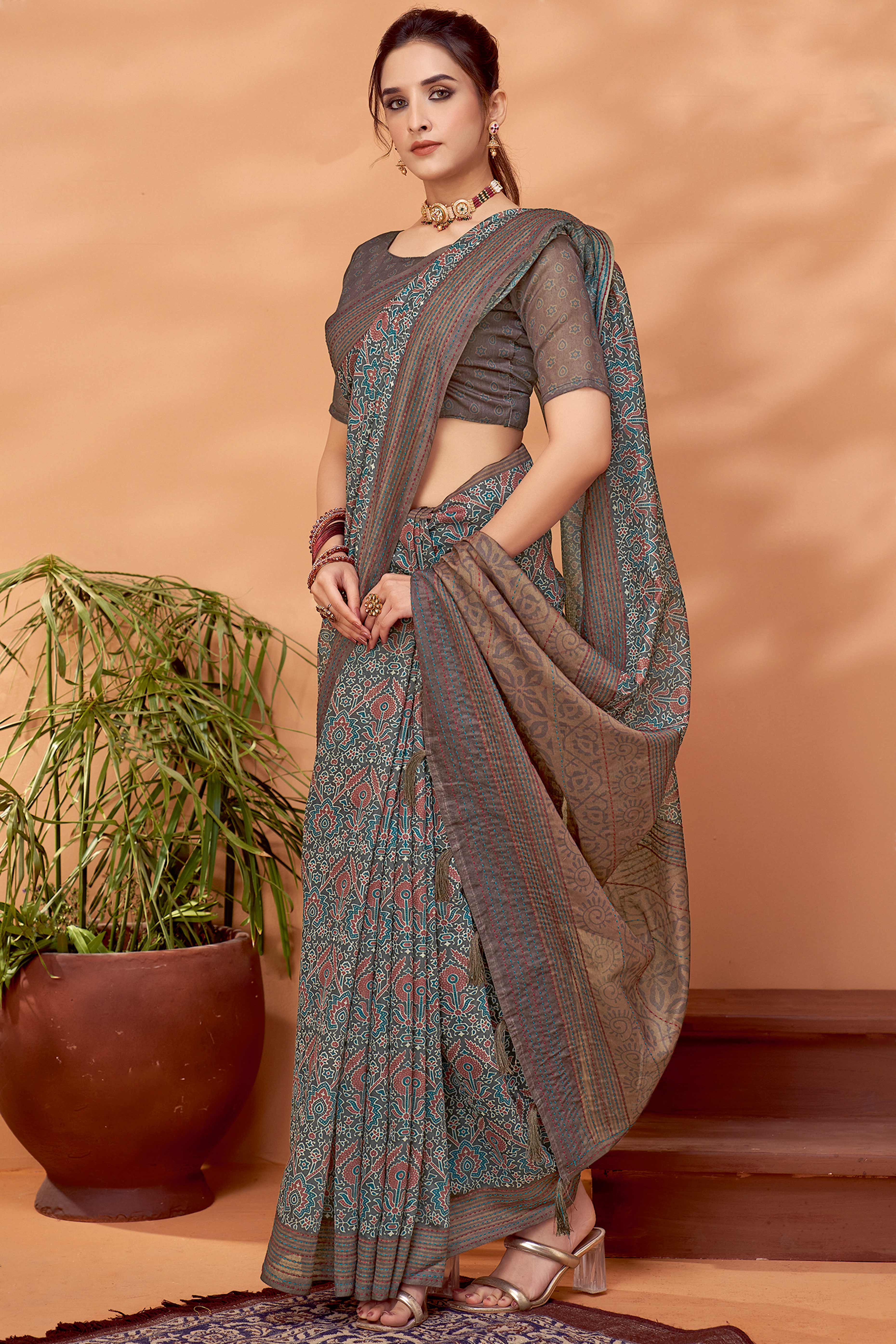 Rustic Brown Handfeel Cotton Silk Saree Adorned with Traditional Ajrakh Motifs