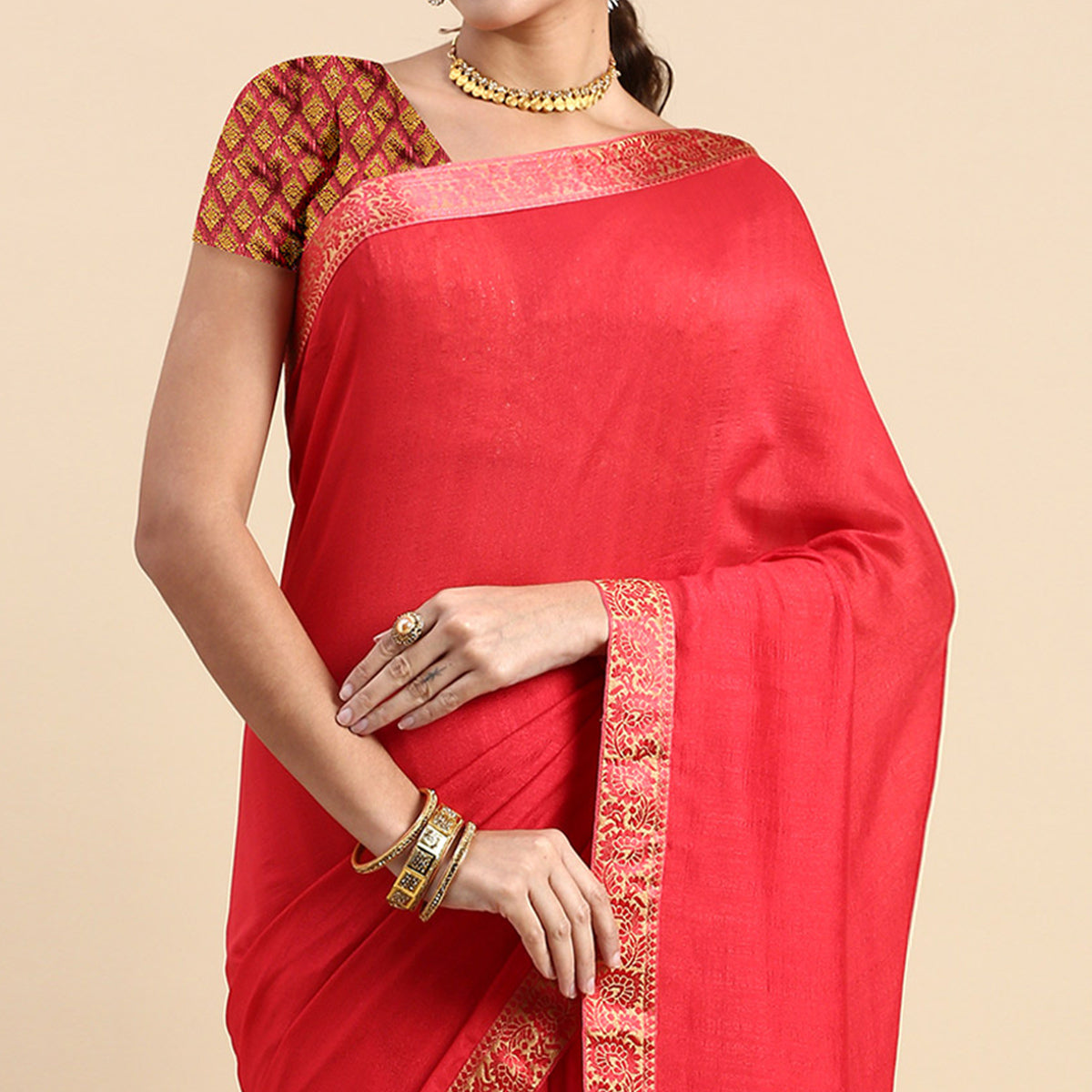 Pink Swaroski Work Vichitra Silk Saree