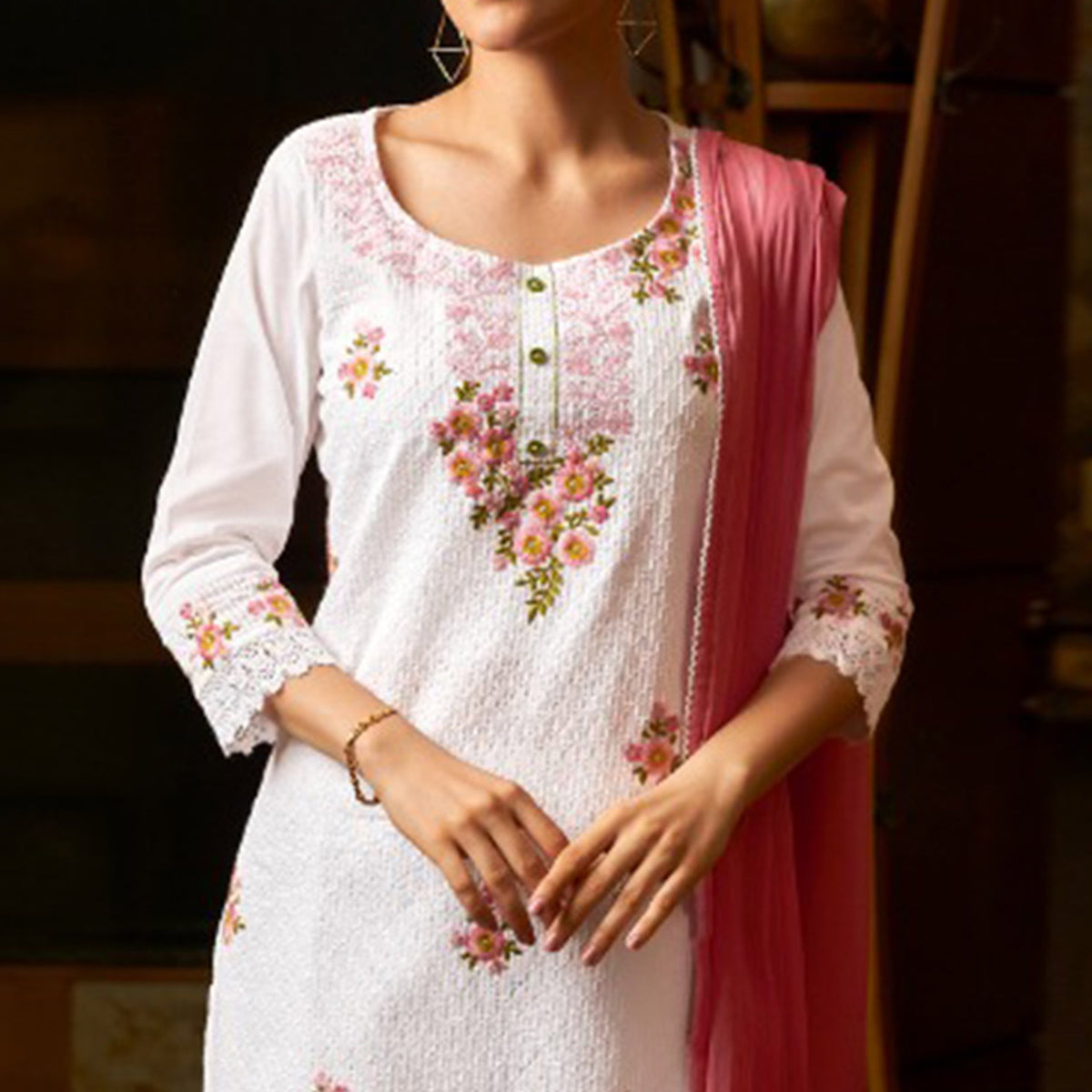 White & Pink Floral Embroidered Pure Cotton Salwar Suit