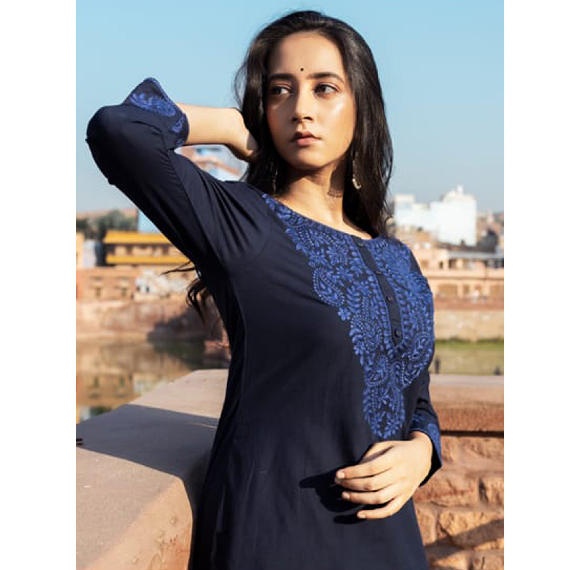 Blue Embroidered Cotton Silk Kurti