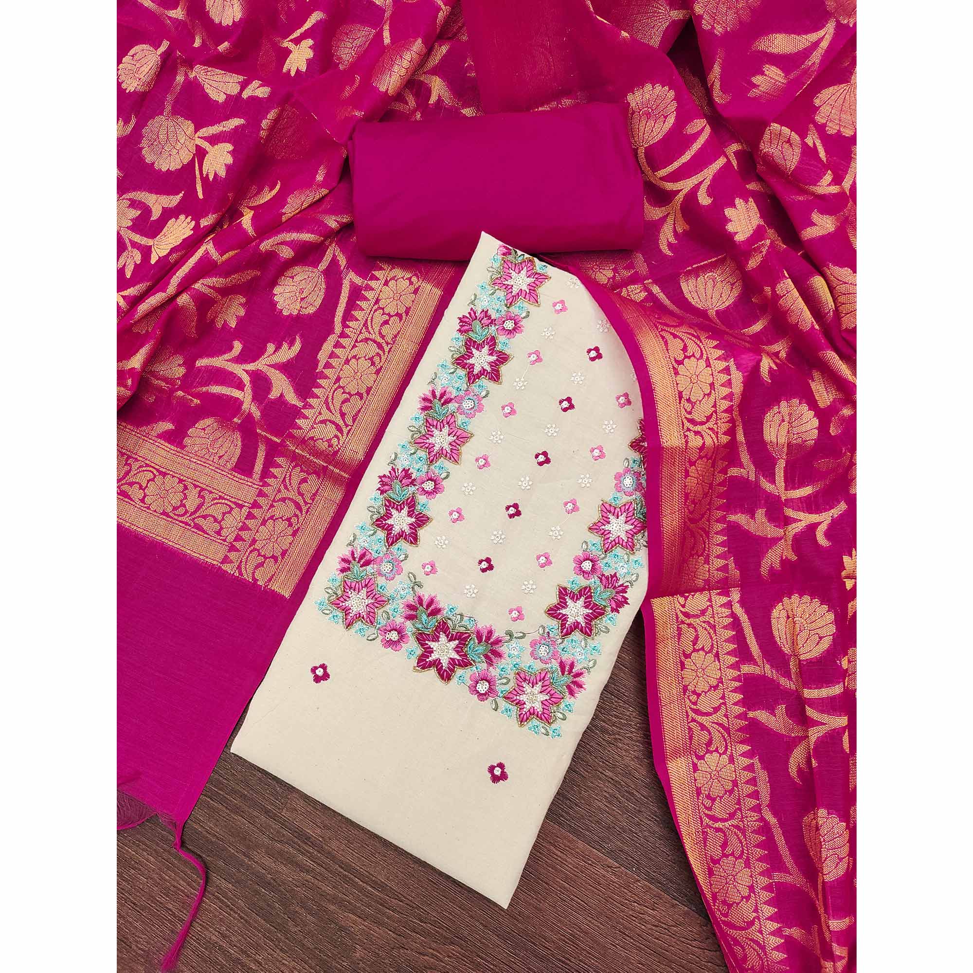 Floral Sequins Embroidered Cream & Pink Pure Cotton Dress Material With Delicate Handwork