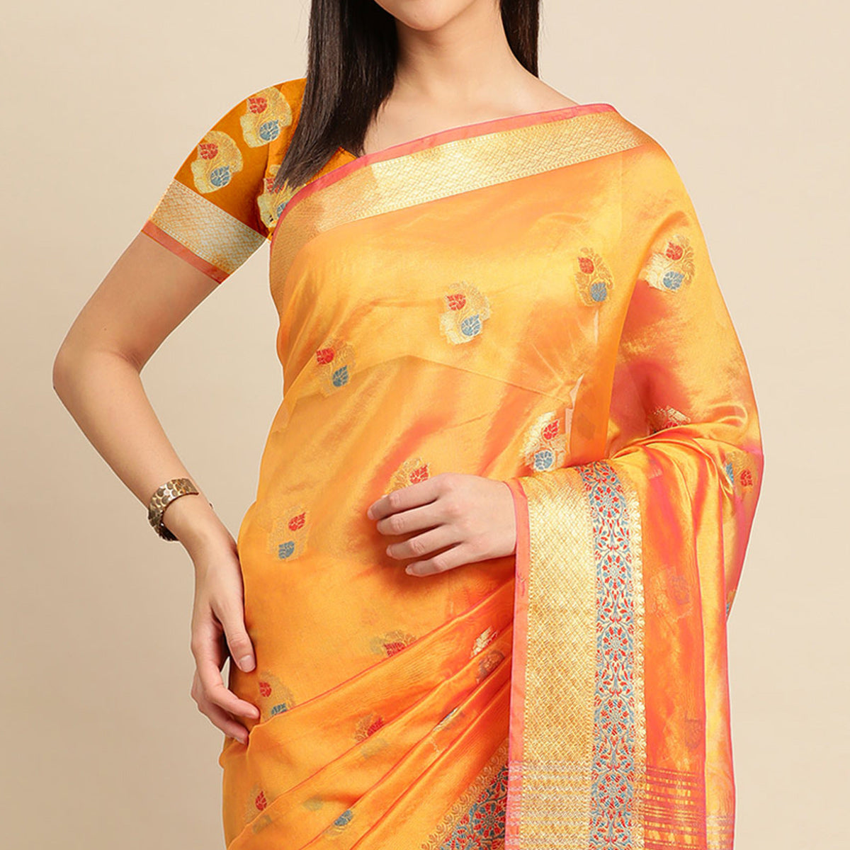 Golden Woven Organza Saree