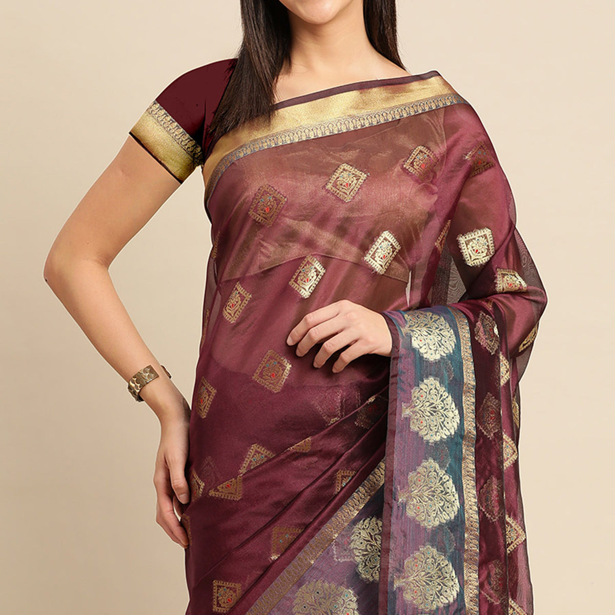 Wine Woven Organza Saree