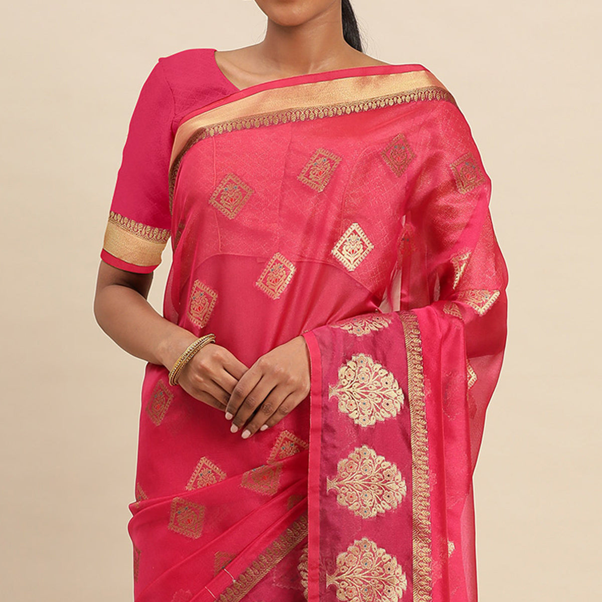 Rani Pink Woven Organza Saree