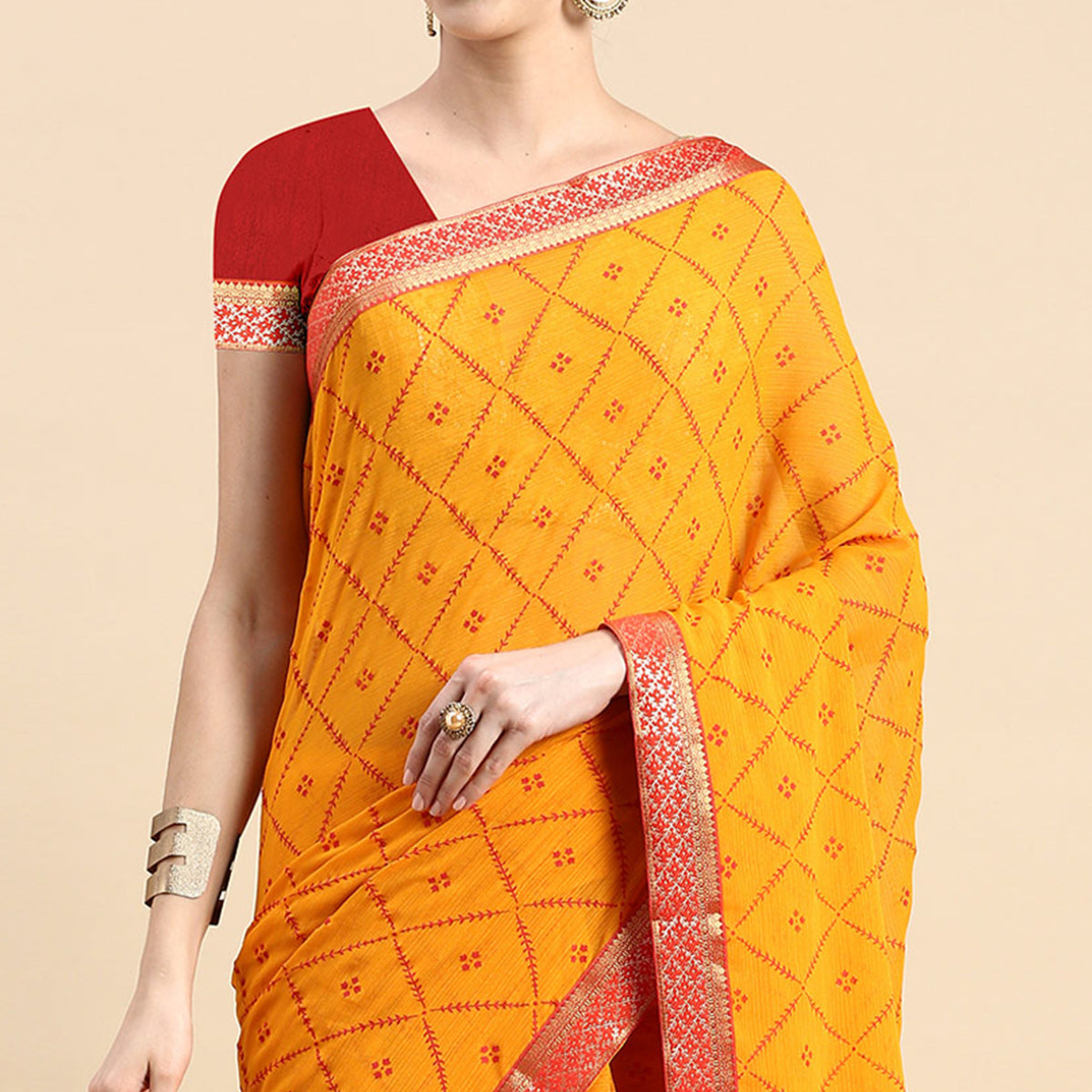 Yellow Floral Foil Printed Zomato Saree