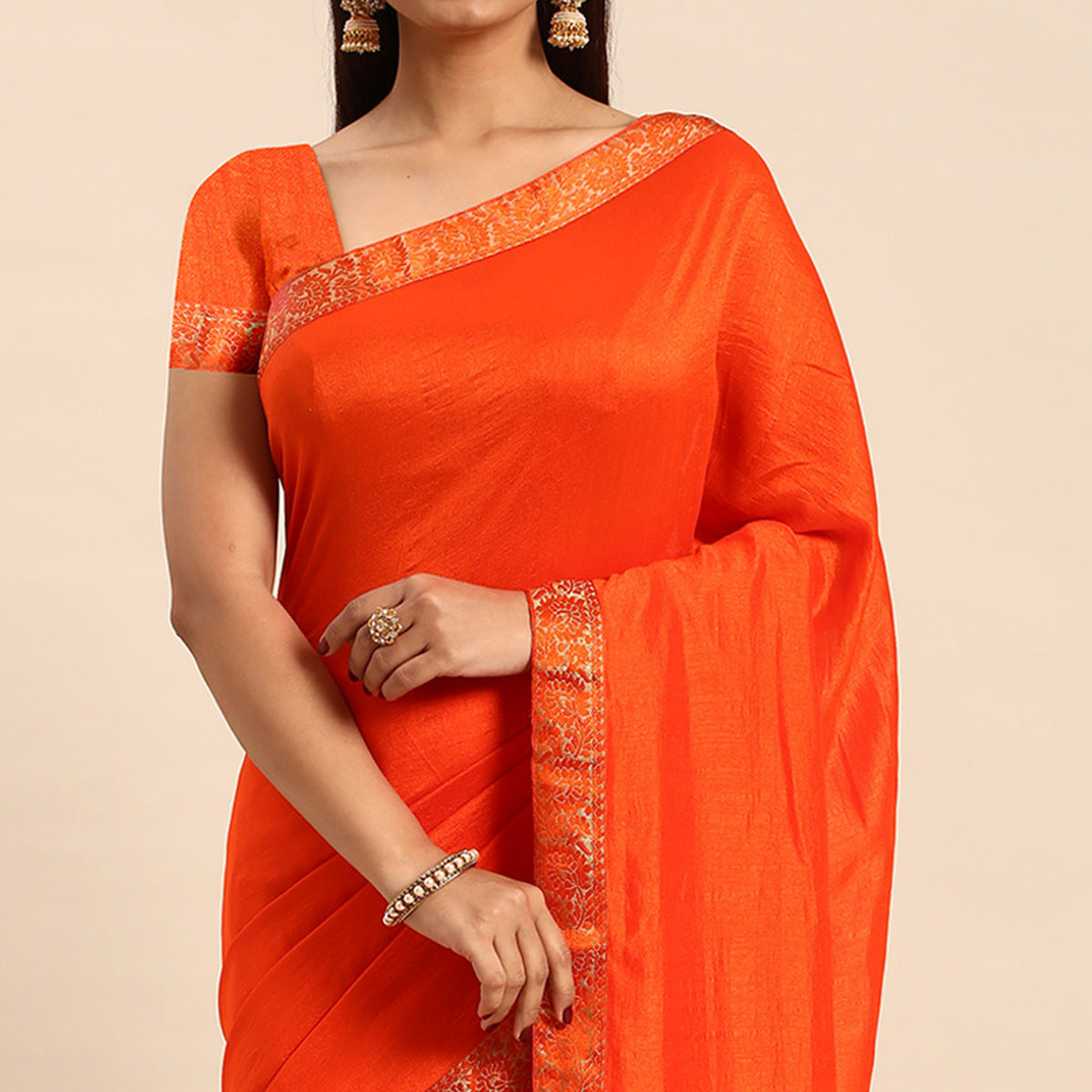 Orange Swaroski Work Vichitra Silk Saree