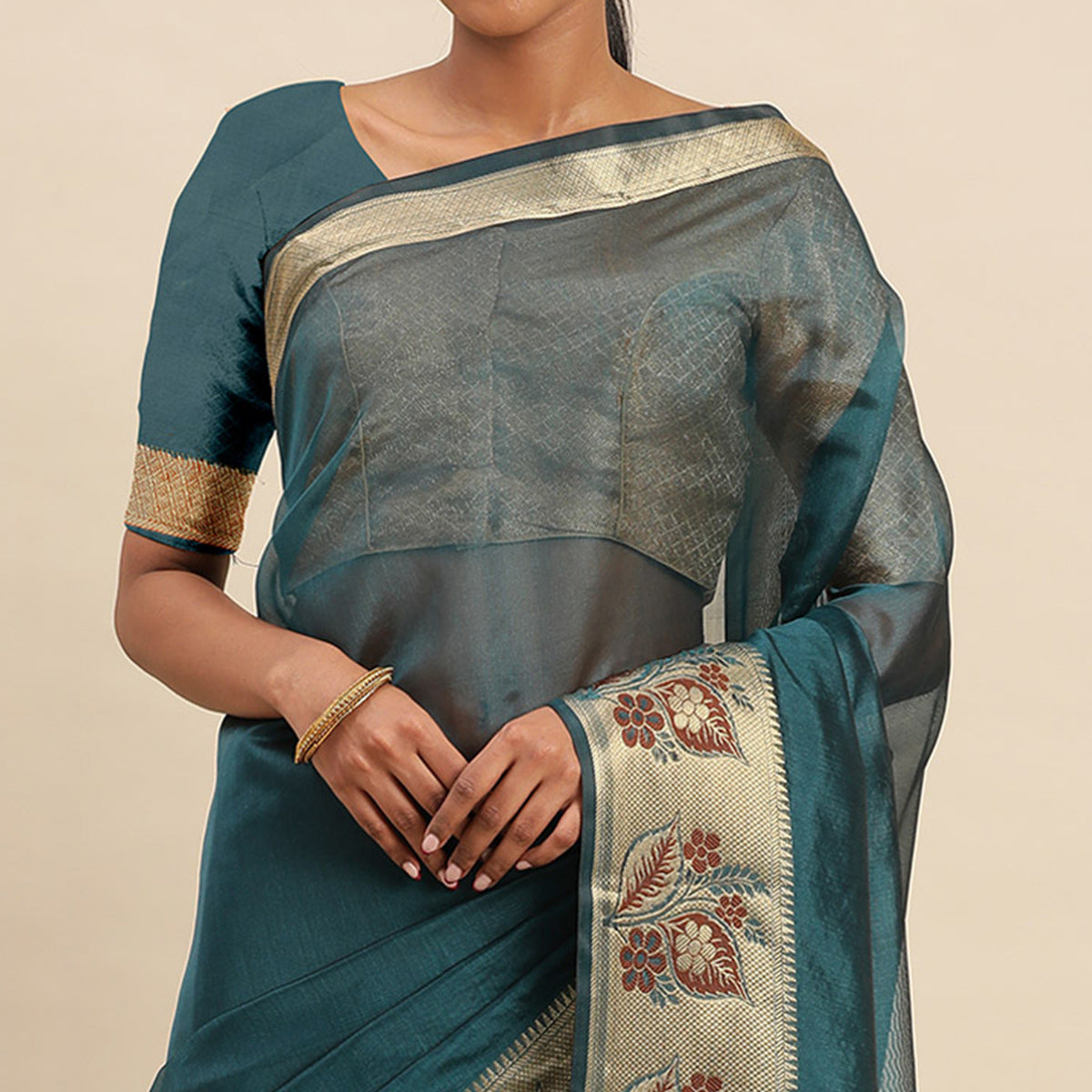Petrol Blue Woven Cotton Silk Saree