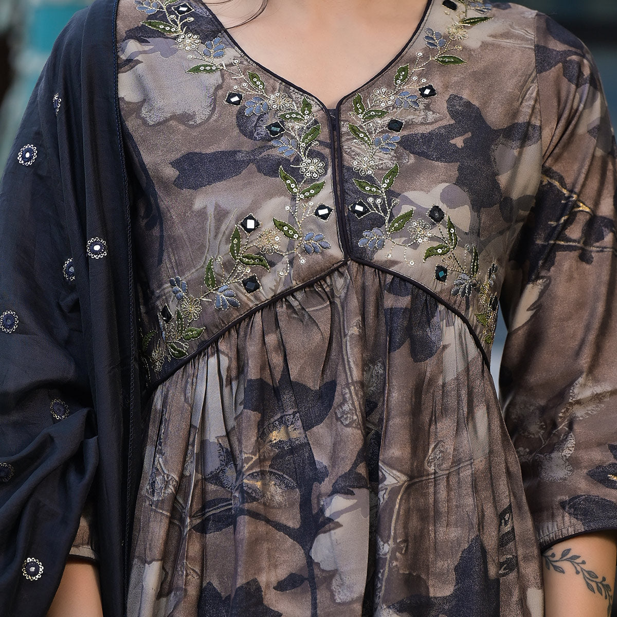 Chikoo & Black Floral Printed Alia Cut Chanderi Silk Salwar Suit