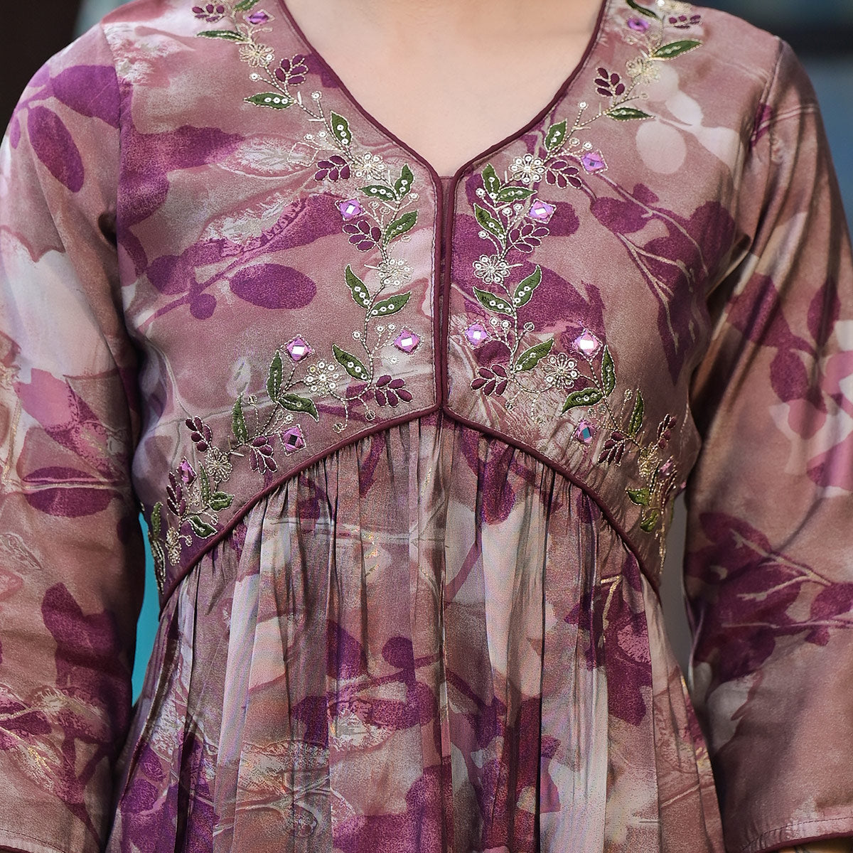 Chikoo & Wine Floral Printed Alia Cut Chanderi Silk Salwar Suit