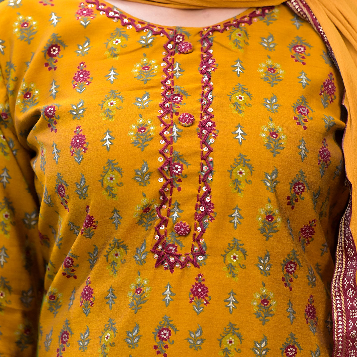 Mustard Floral Kantha Work Embroidered Chanderi Silk Salwar Suit