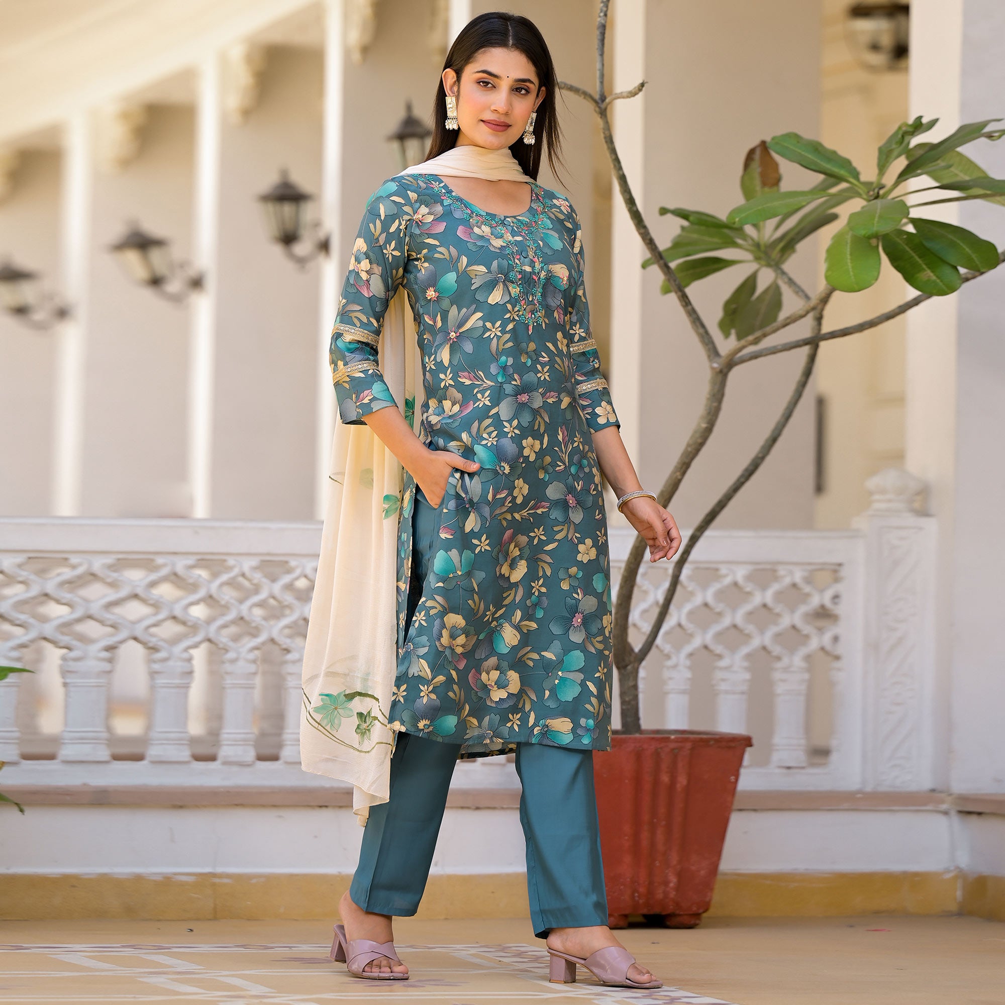 Turquoise Floral Printed Chanderi Silk Straight Salwar Suit