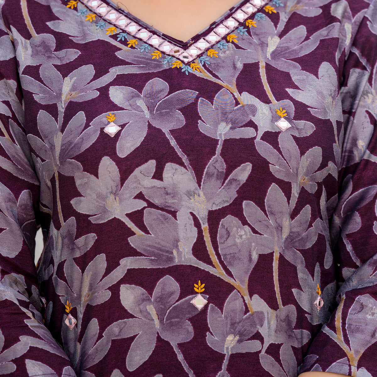 Wine Floral Printed Chanderi Silk Co-Ord Set