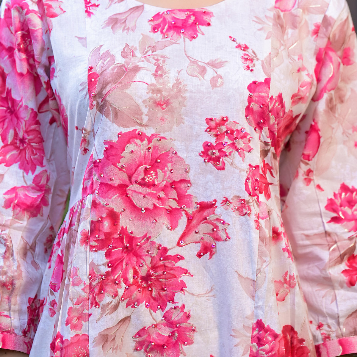 Pink Floral Printed With Beads Work Pure Cotton Maxi Dress