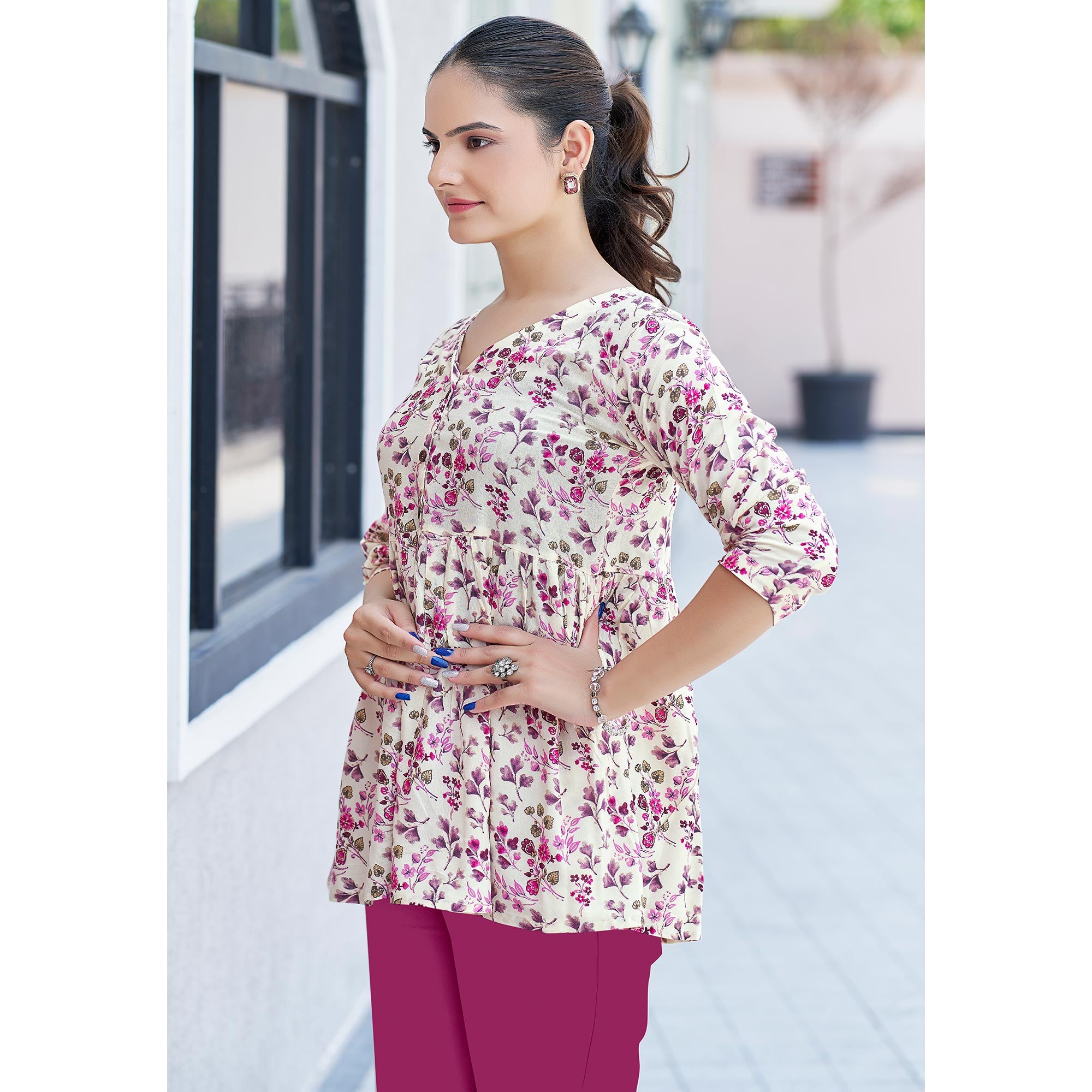 Pink Floral Printed Rayon A-Line Top