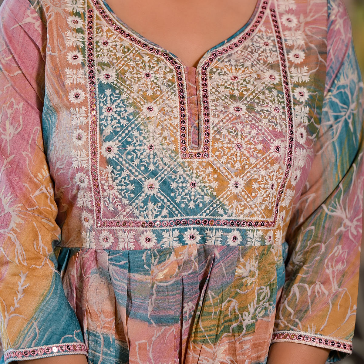 Peach Printed Cambric Cotton Naira Cut Kurti
