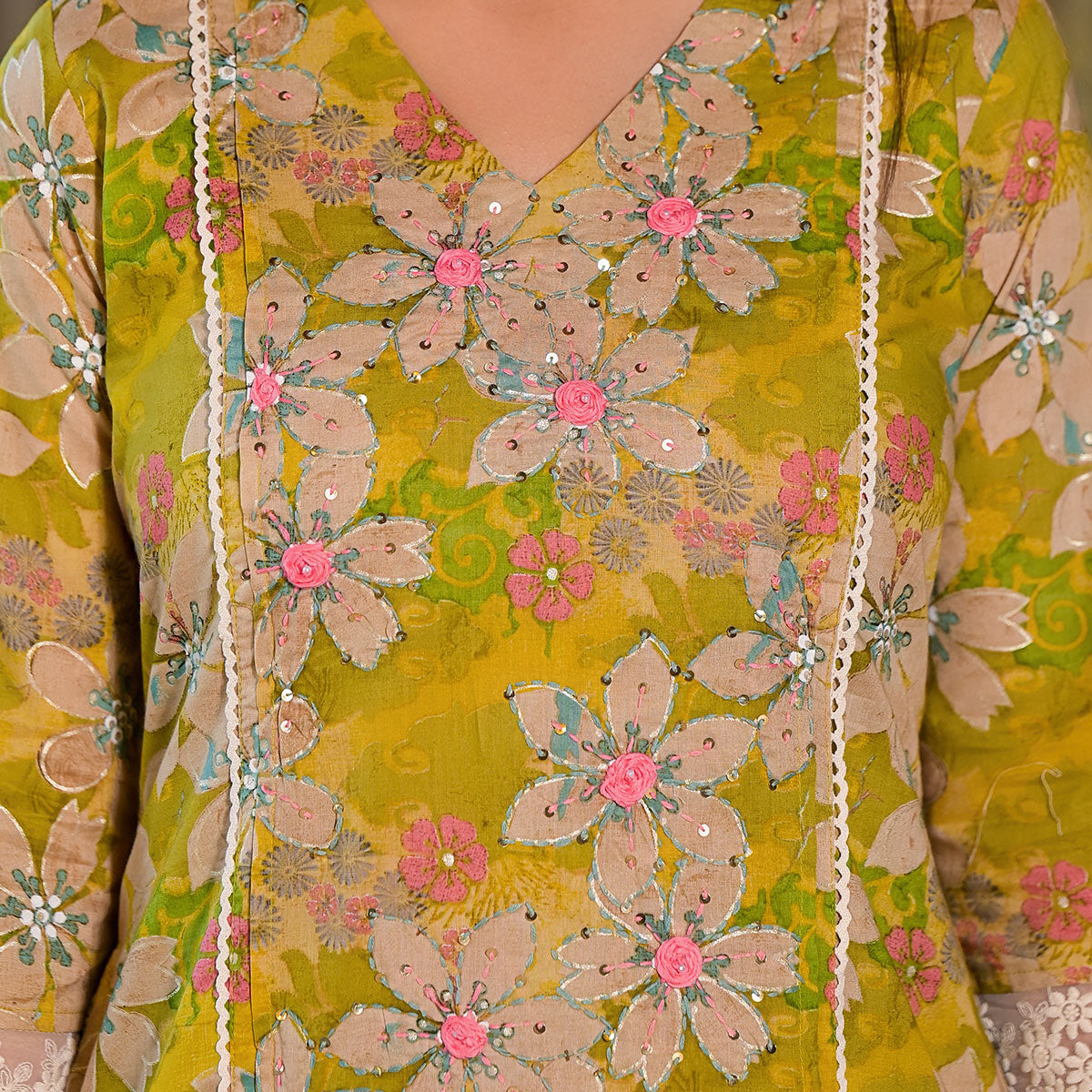 Dark Lemon Green Floral Printed Giza Cotton Maxi Dress