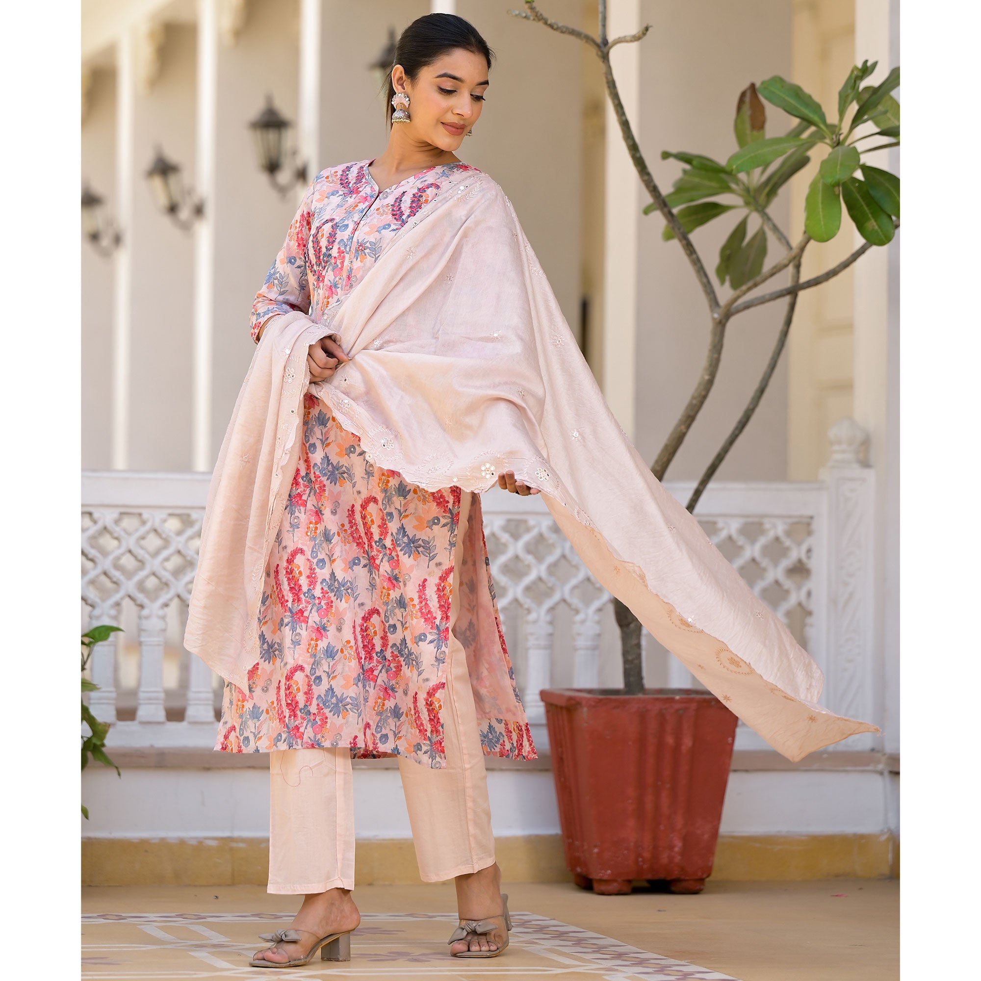 Peach Floral Printed Mulmul Cotton Salwar Suit With Handcrafted