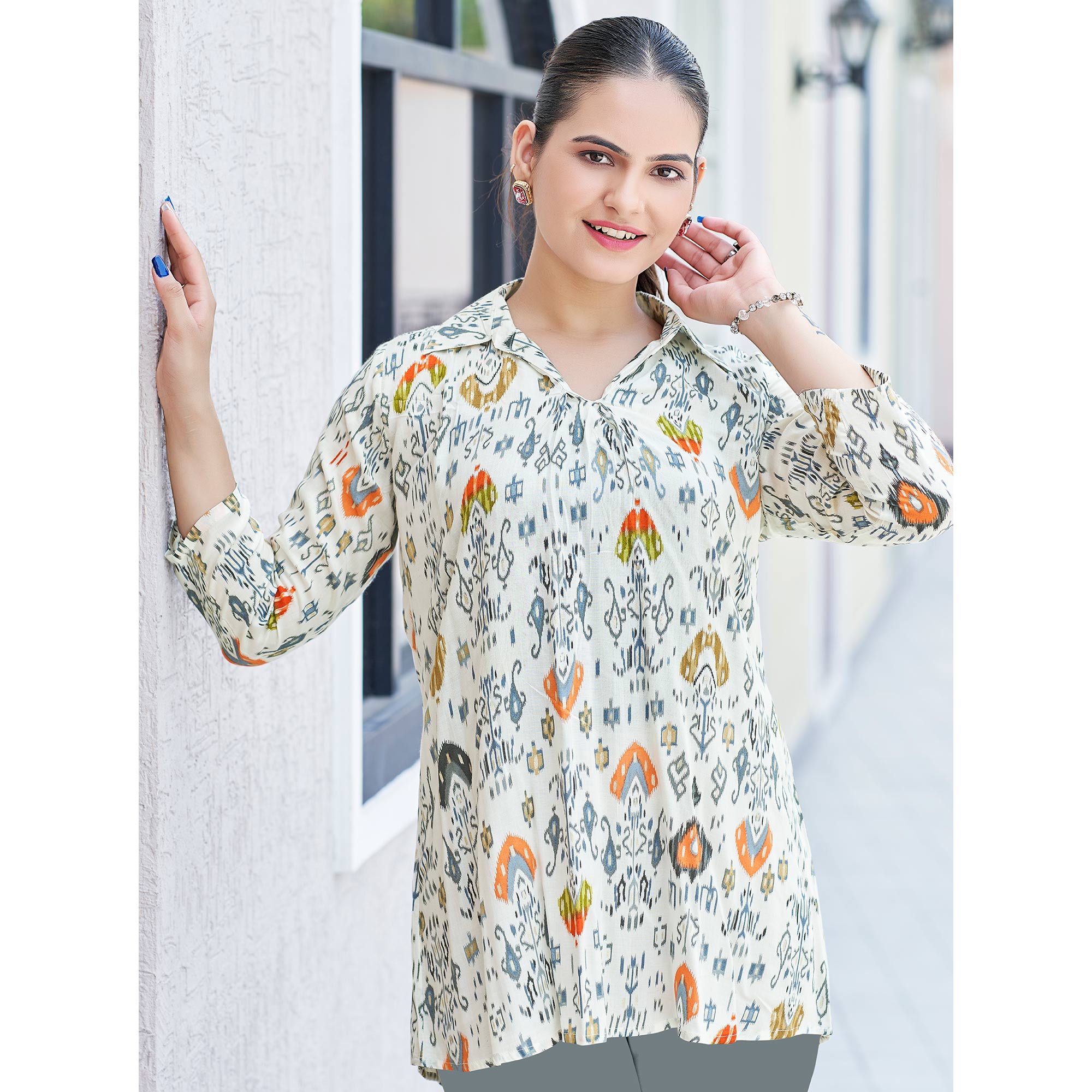 White & Orange Printed Chanderi Silk Top