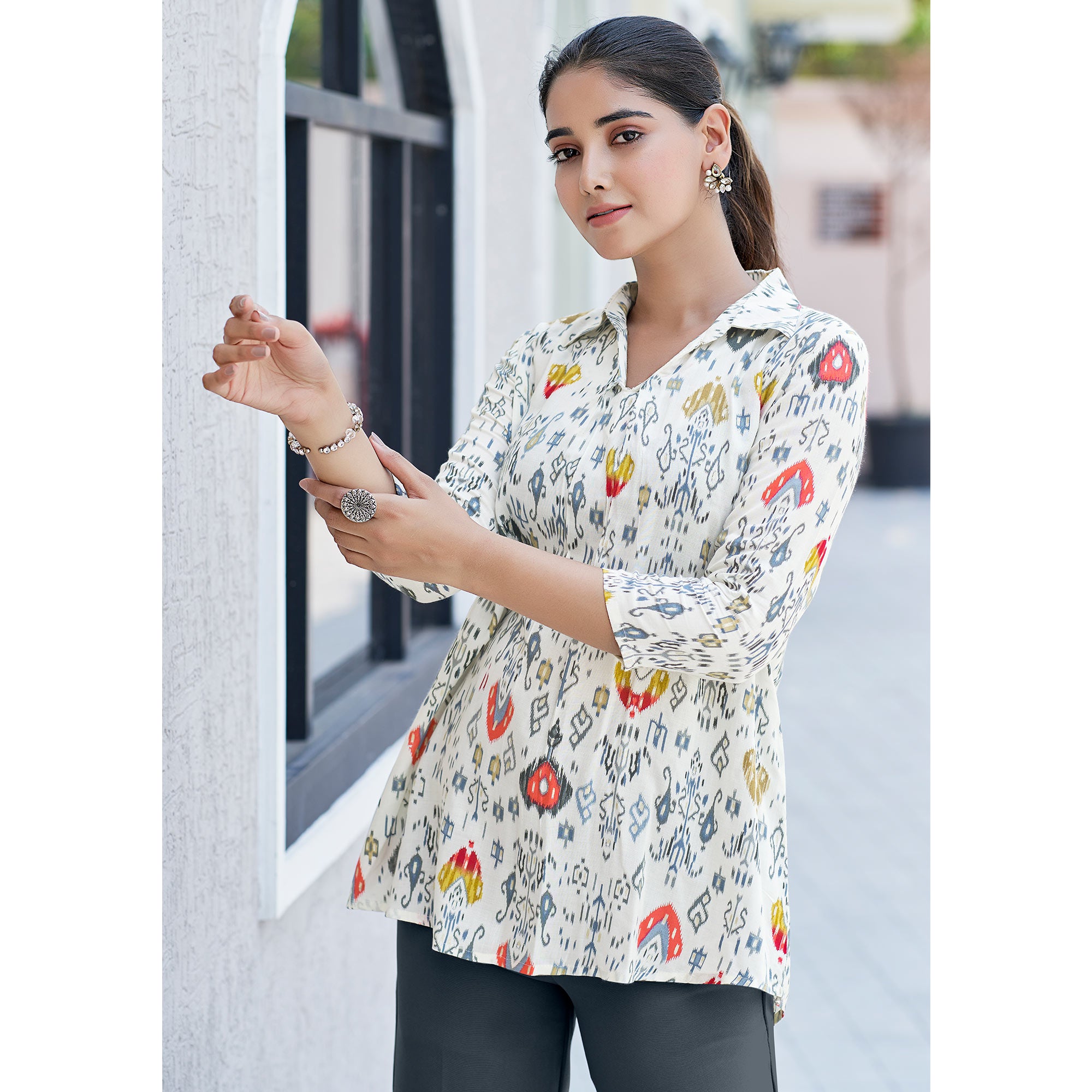 White & Red Printed Chanderi Silk A-Line Top