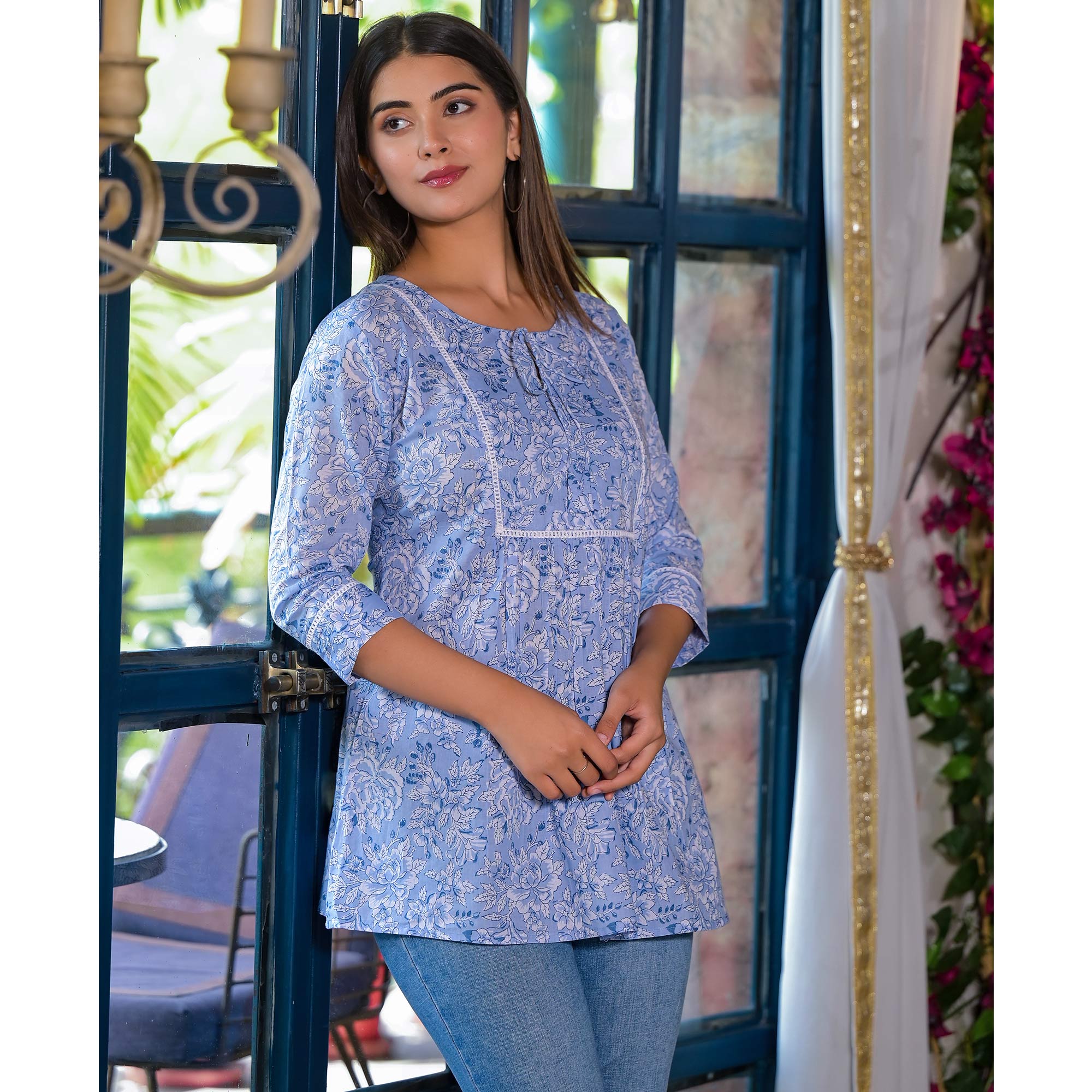 Blue Floral Printed Pure Cotton A-Line Top