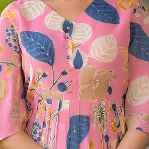 Pink Floral Foil Printed Chiffon A-Line Dress