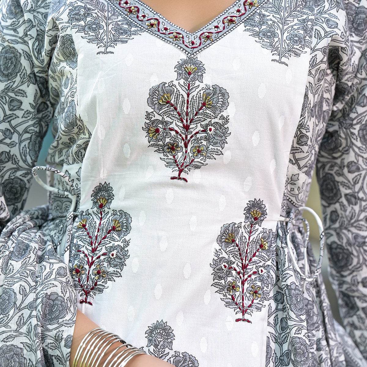 White Floral Printed Pure Cotton Salwar Suit With Beads Work