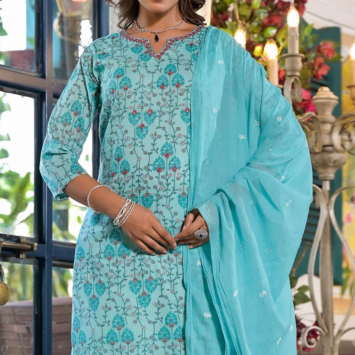 Sky Blue Floral Printed Mulmul Cotton Straight Salwar Suit