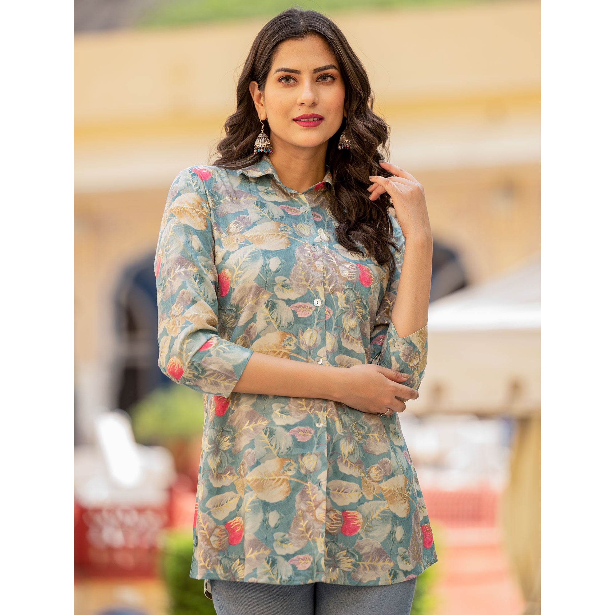 Blue Floral Printed Rayon Top