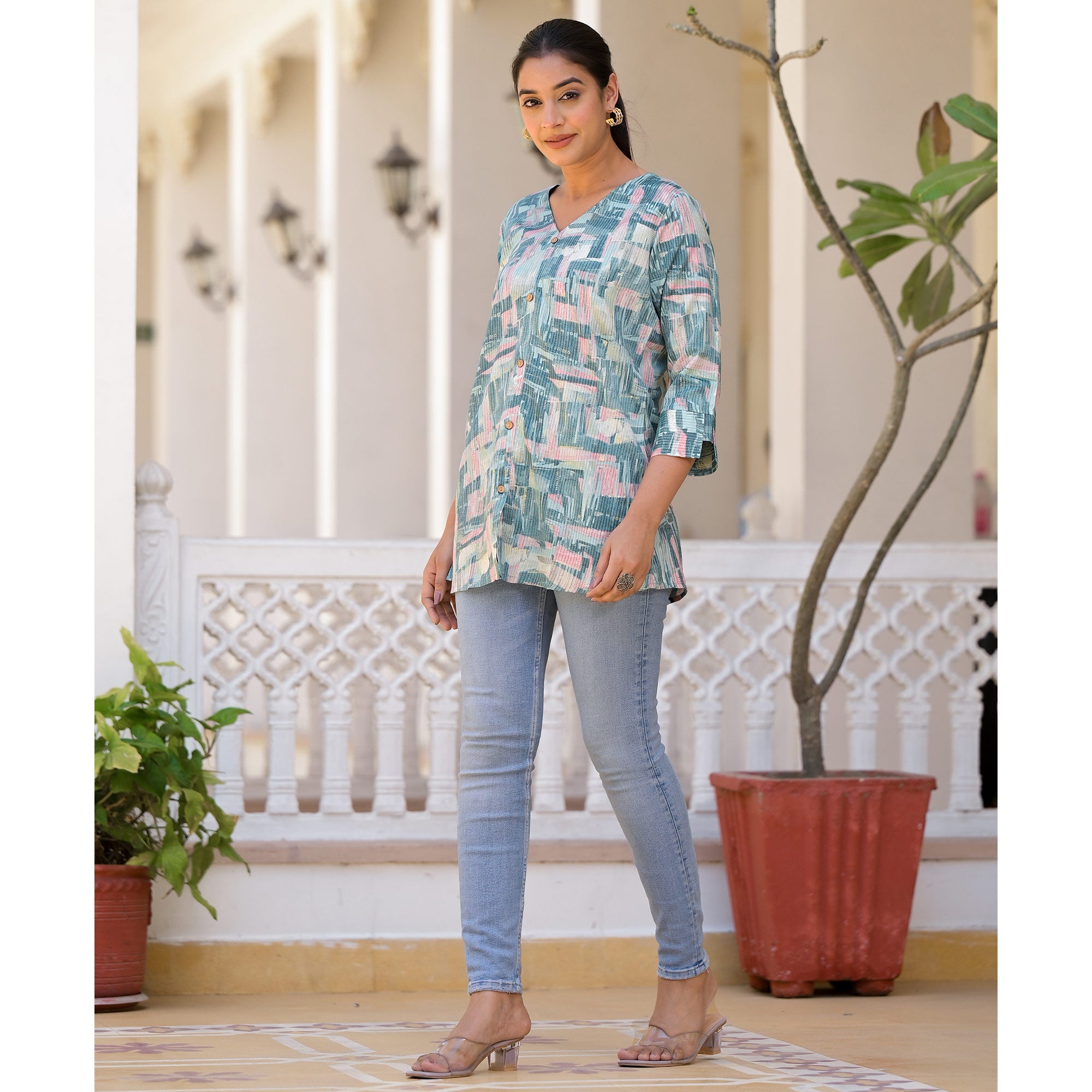 Blue Printed Rayon A-Line Top