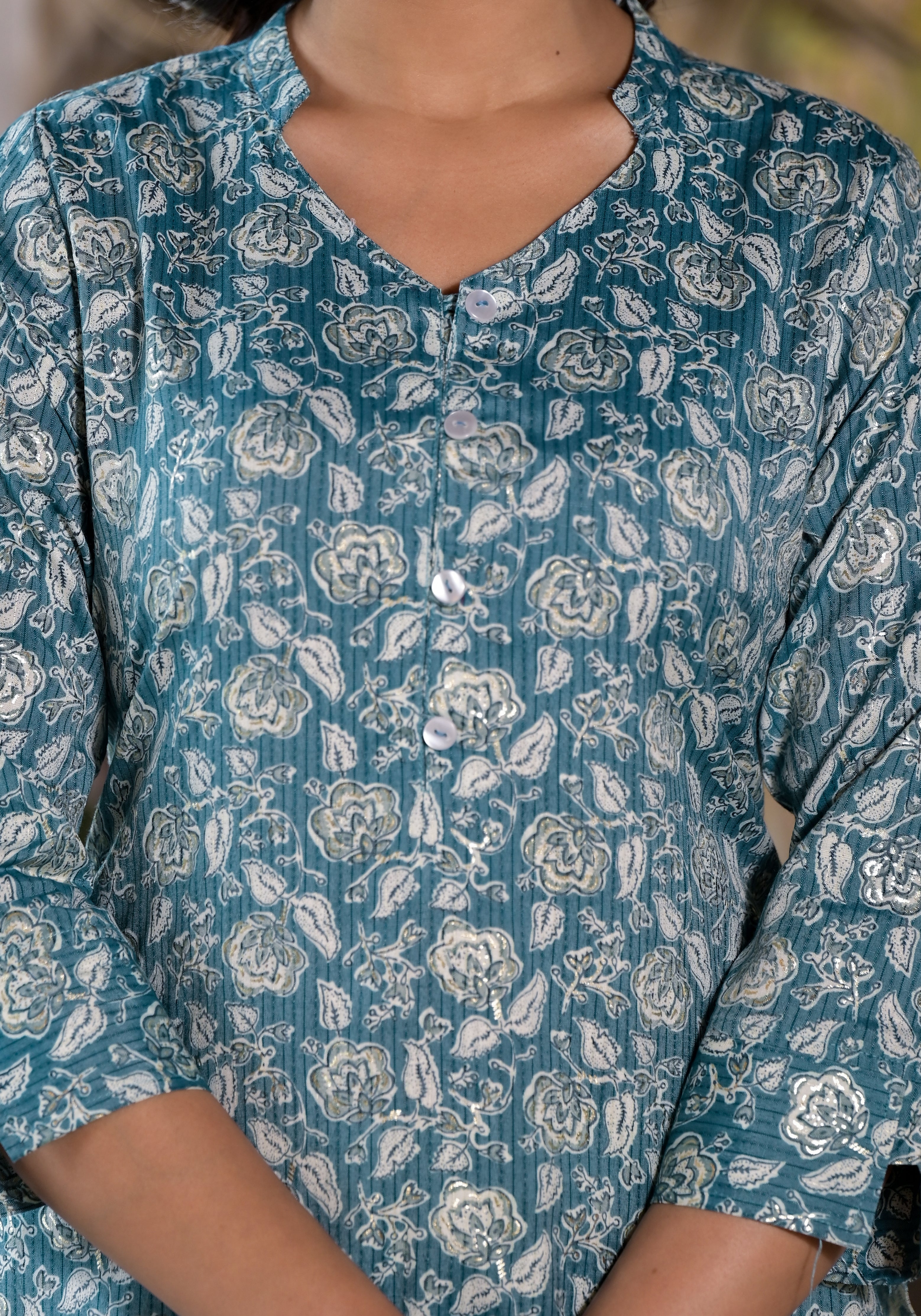 Pine Green Floral Printed Rayon Straight Kurti